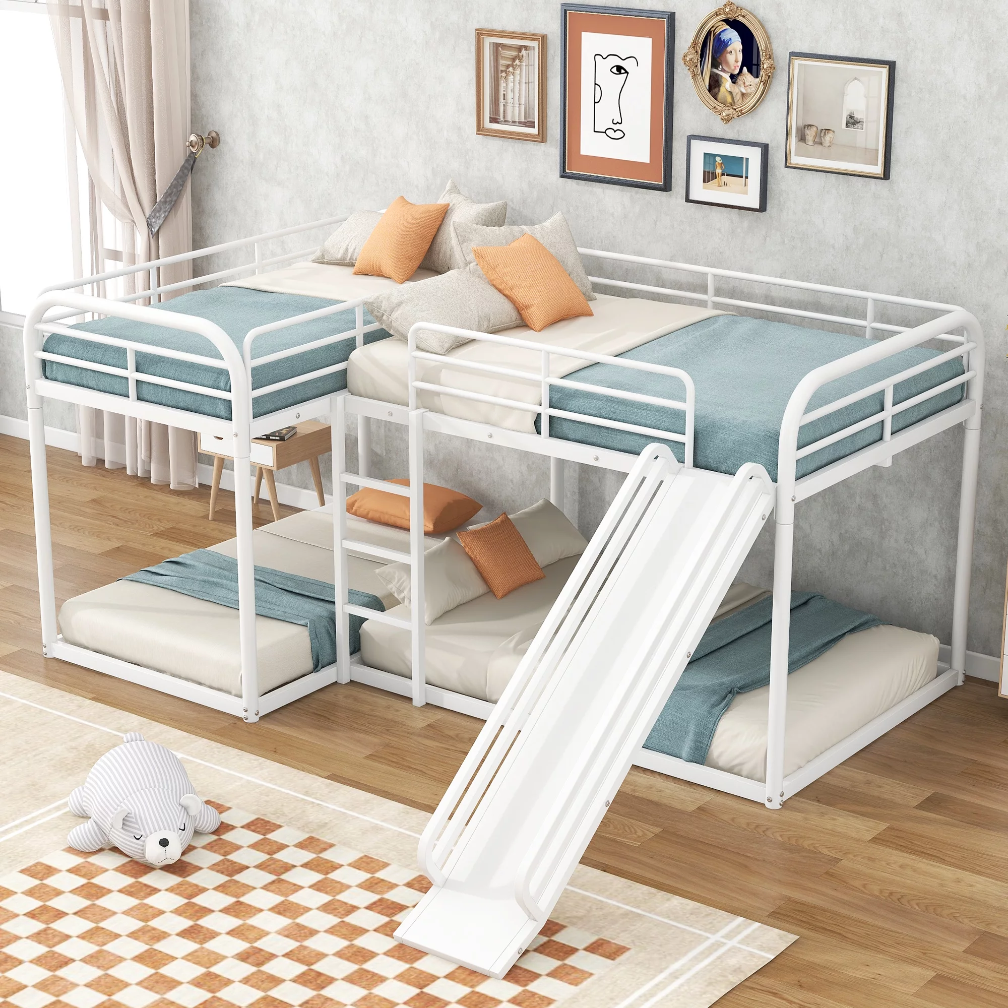 Churanty L-Shaped Bunk Bed for 4 Kids,Full and Twin Size Bunk Bedframe with Slide and Short Ladder for Teens Bedroom,White