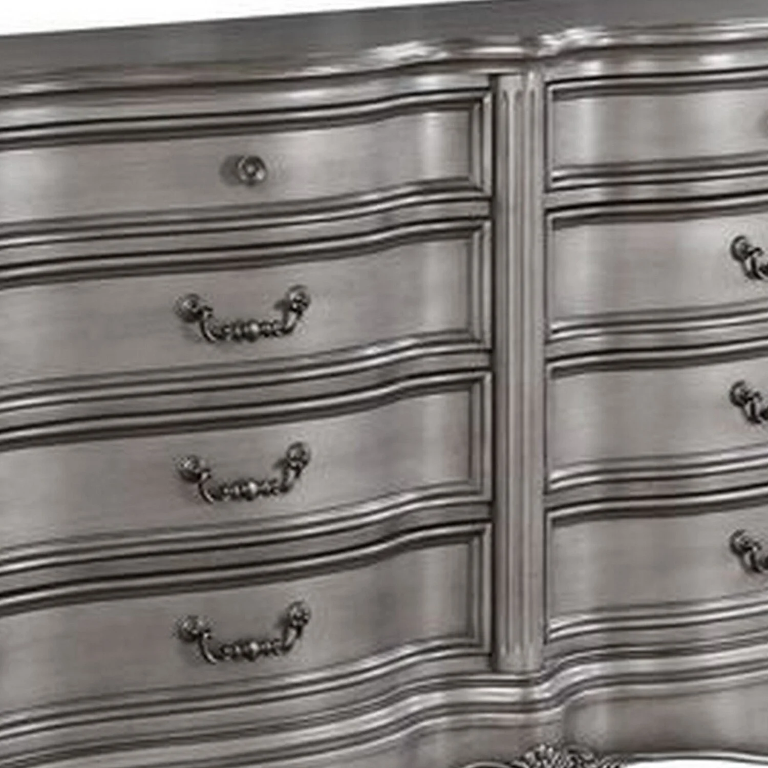 68 Inch 8 Drawer Wood Dresser, Carved Embellishments, Antique Silver