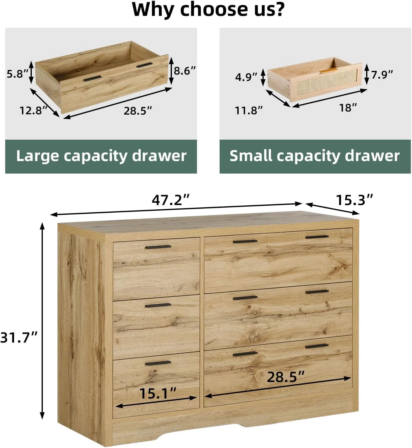 GEROBOOM 6 Drawer Double Dresser 47.2" Wide Chest of 6 Drawers Wooden Farmhouse Dressers for TV Stand Organizer Cabinet for Bedroom Living Room Hallway Entryway