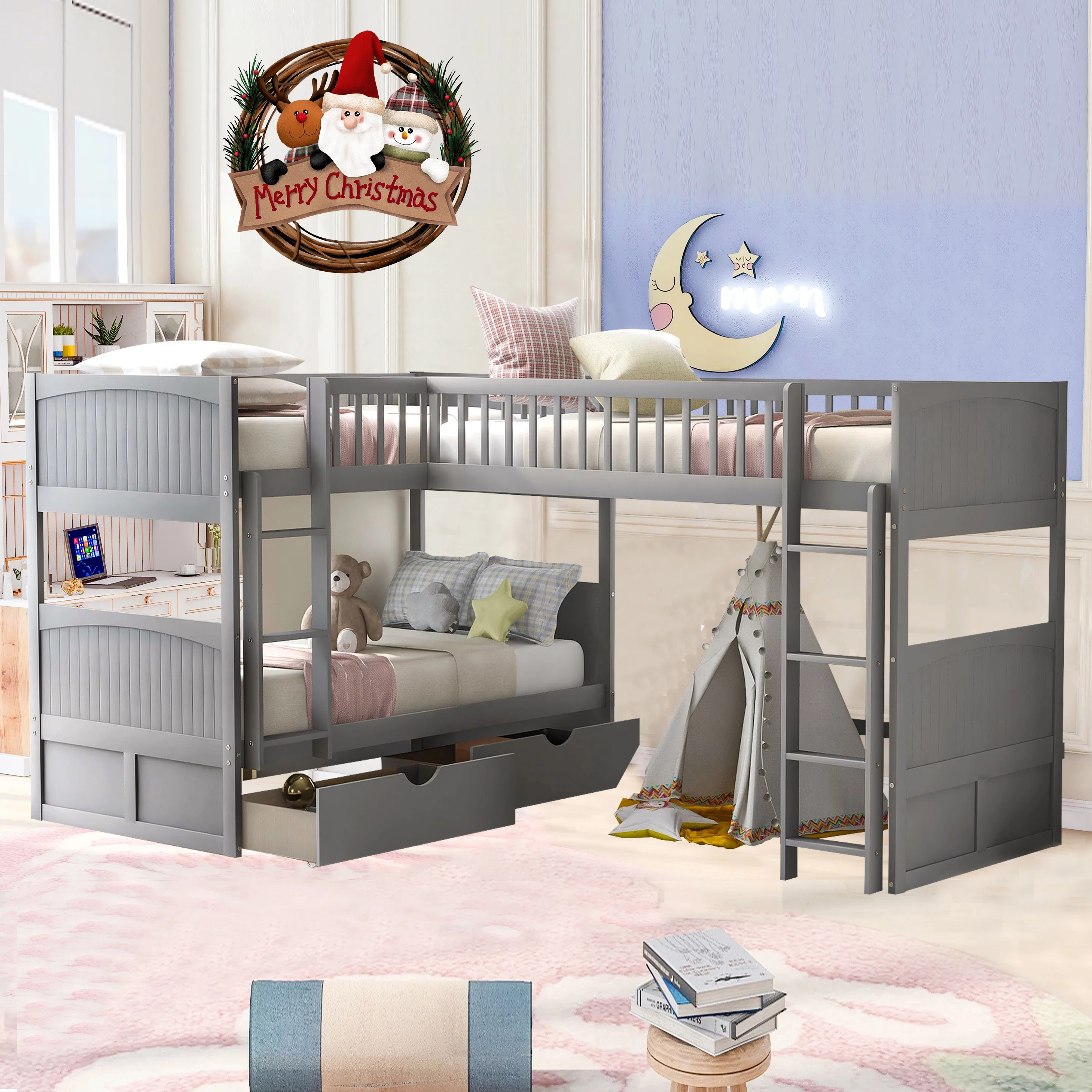 LOAOL Wooden Twin Size Bunk Bed with 2 Drawers and 2 Ladders for Bedroom, L Shaped, Gray
