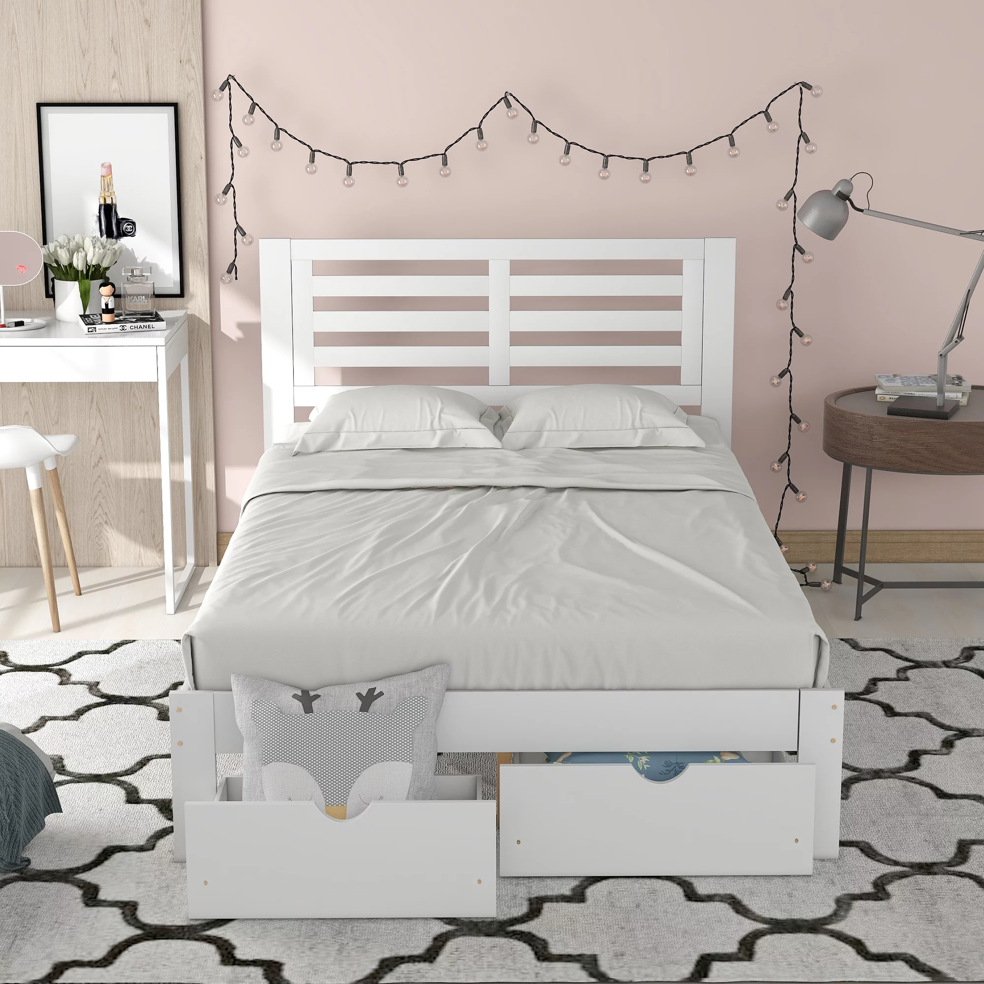 Euroco Modern Pine Wood Storage Platform Bed, Full for Kids, White
