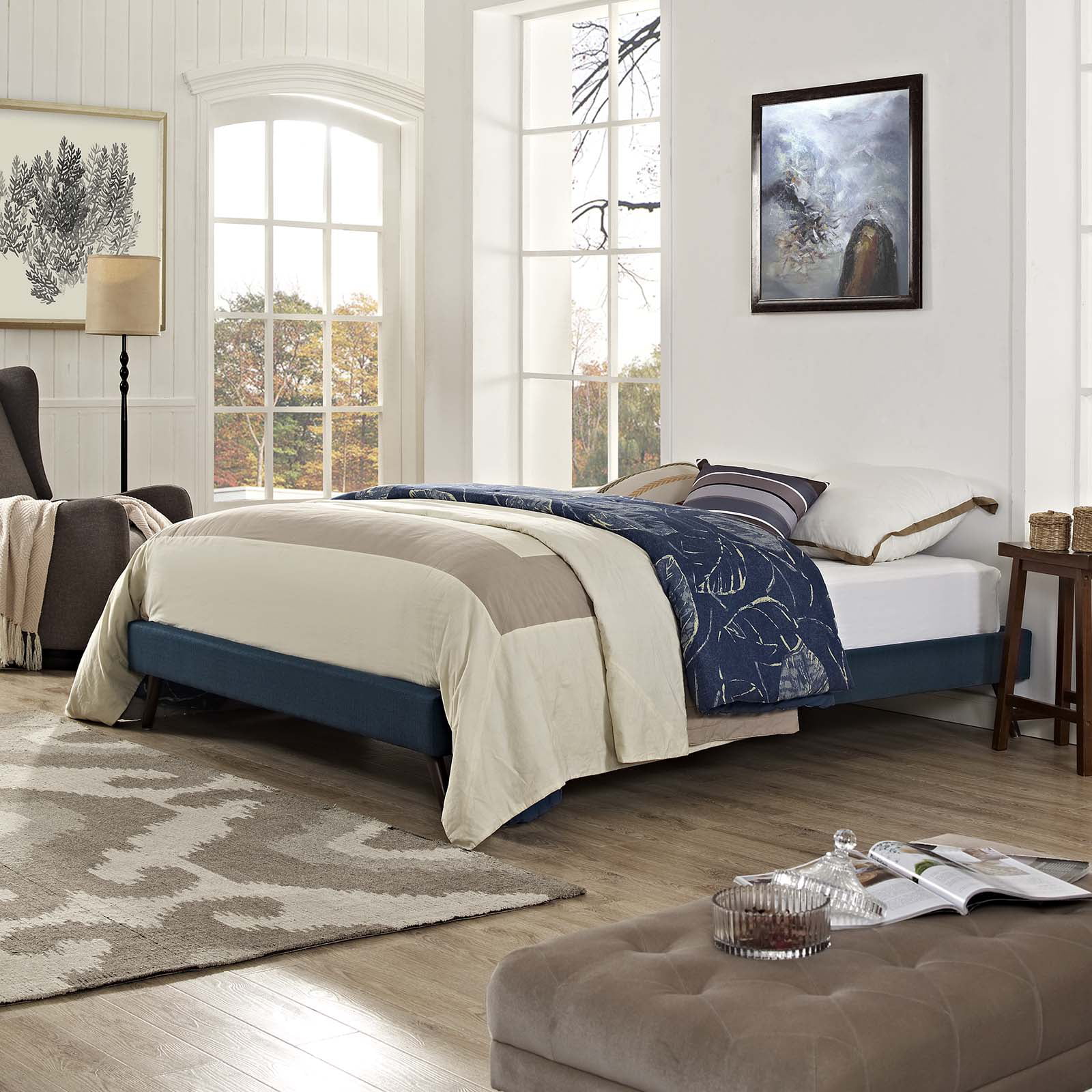 Modern Contemporary Urban Design Bedroom Full Size Platform Bed Frame, Fabric, Navy Blue
