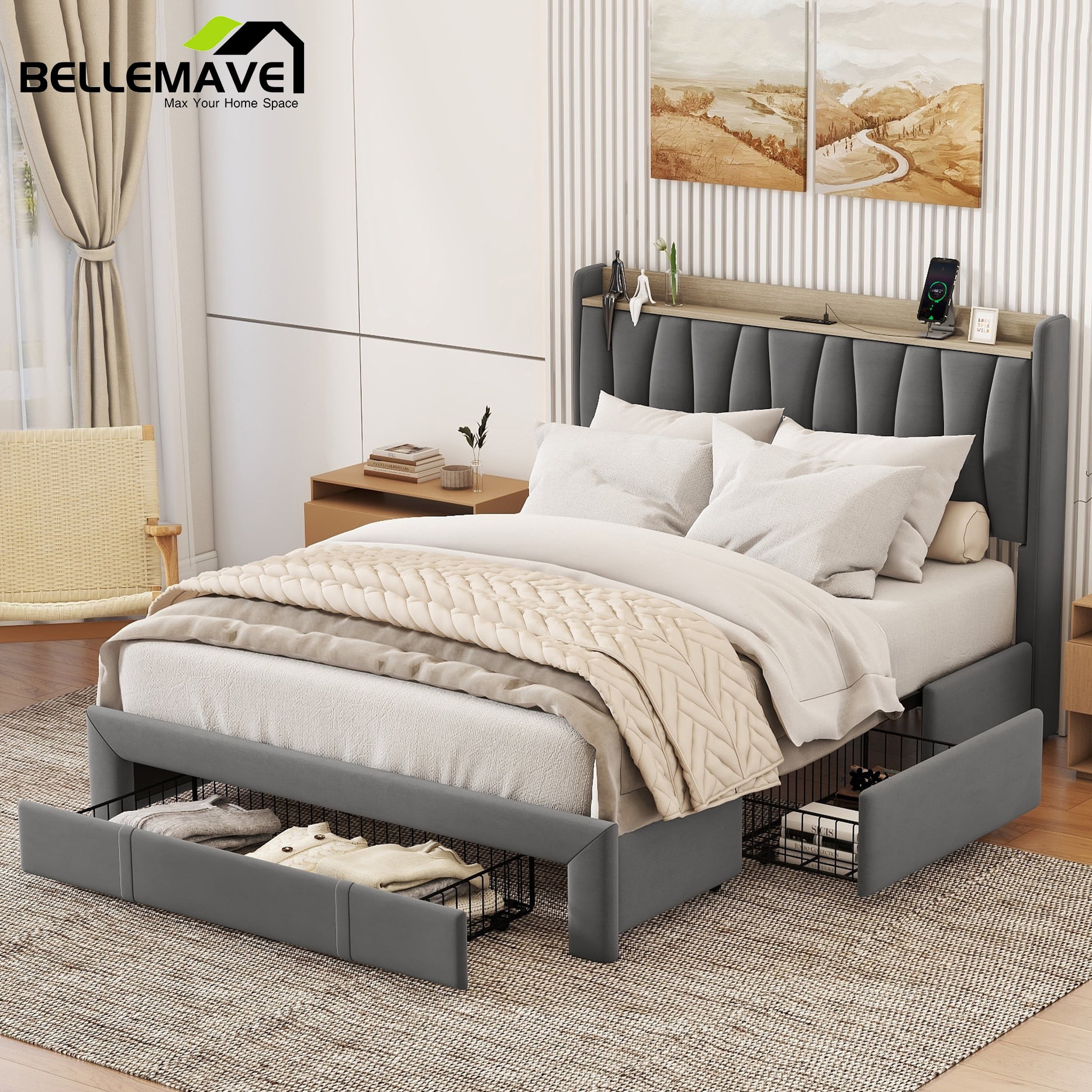 Bellemave Queen Size Bed Frame with 3 Drawers, Upholstered Platform Bed with Storage Headboard and Charging Station, No Box Spring(Dark Gray)