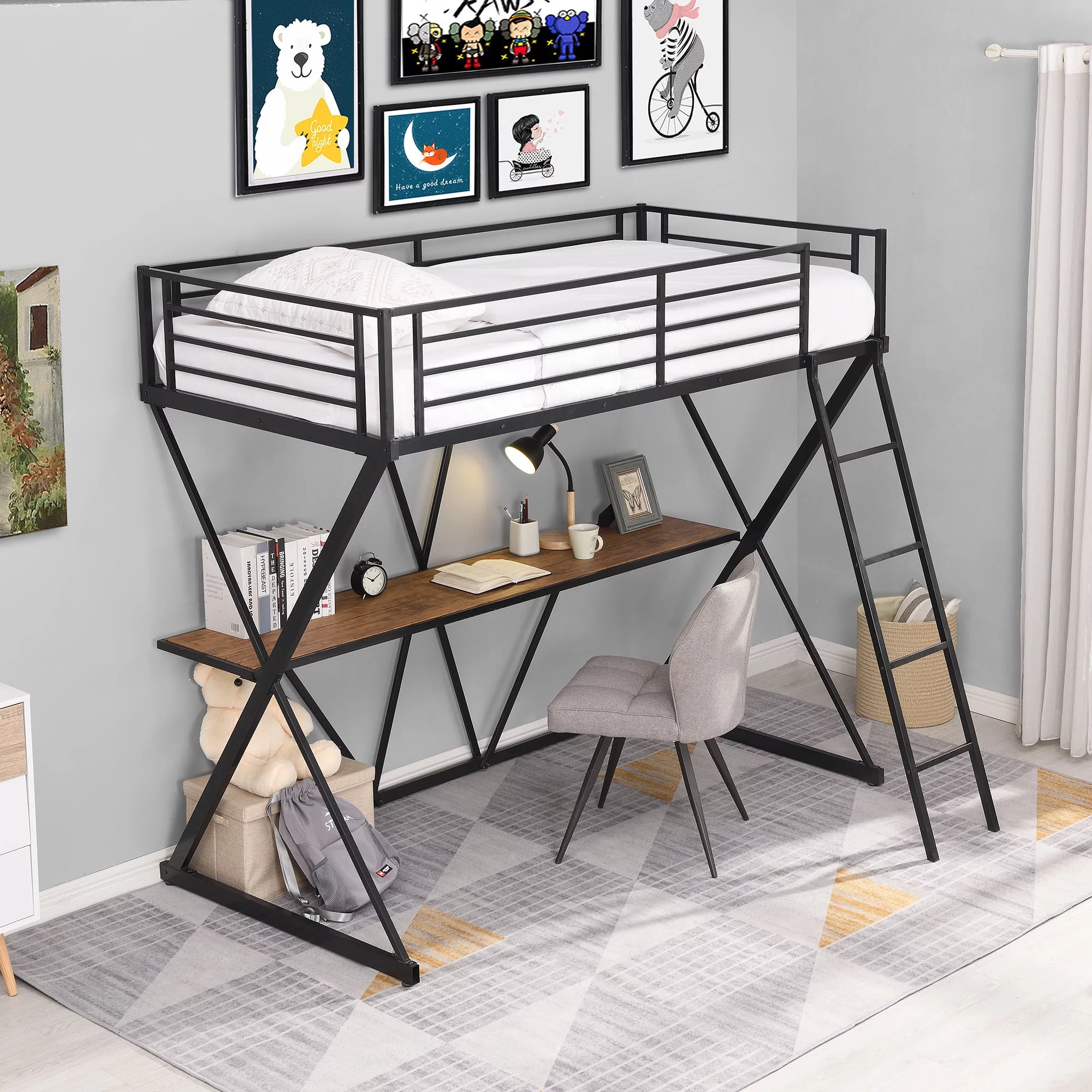 TOPCHANCES Twin Loft Bed with Desk Loft Bed with Ladder and Full-Length Guardrails X-Shaped Frame Bed - Black & Brown