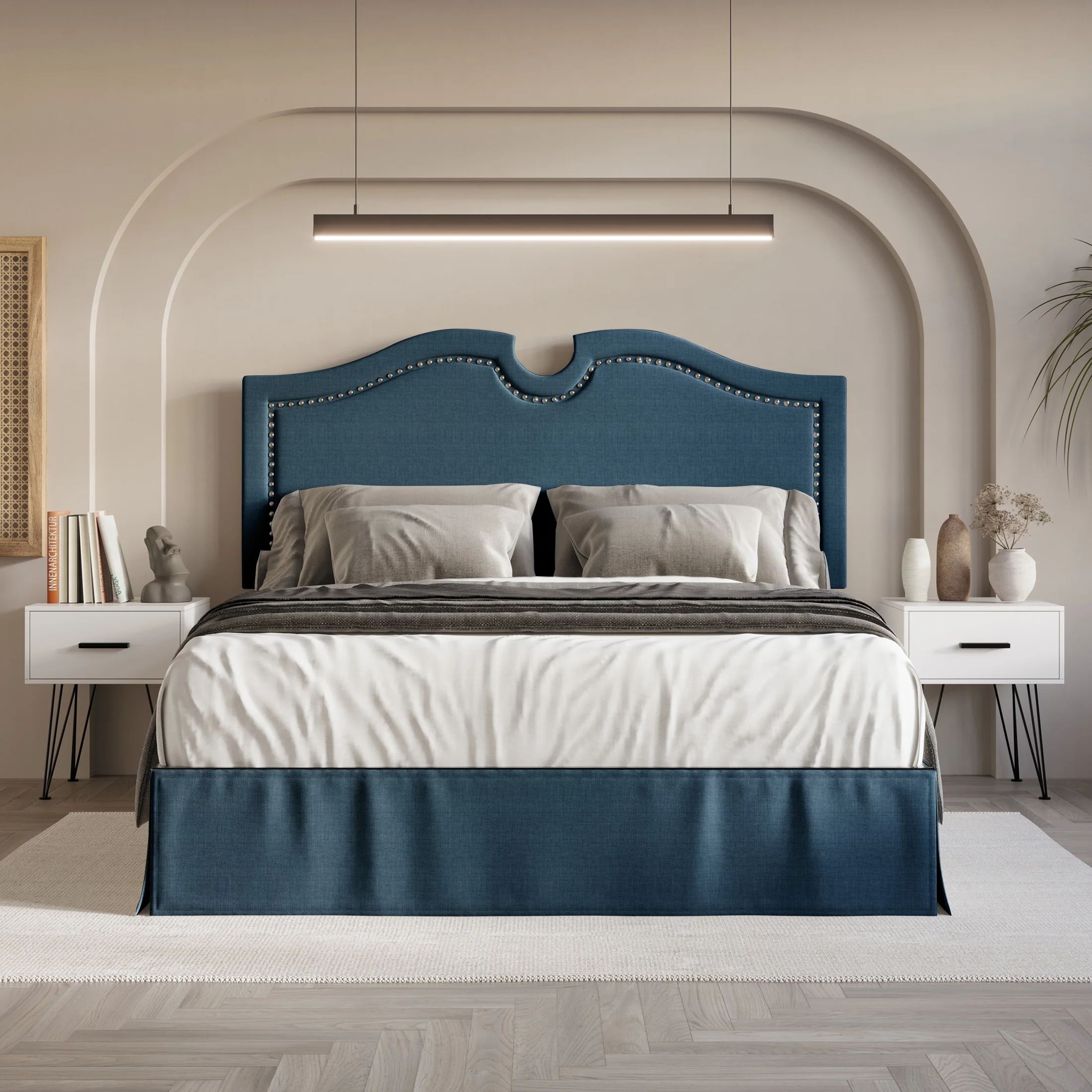 CraftPorch  Modern Linen Nailhead Curvaceous Upholstered Bed Blue King