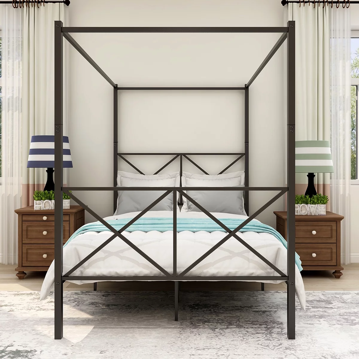 4-Post Metal Canopy Bed Frame with Headboard and Footboard, Classic Vintage Full Size Metal Canopy Bed with Sturdy Bed Frame in Black