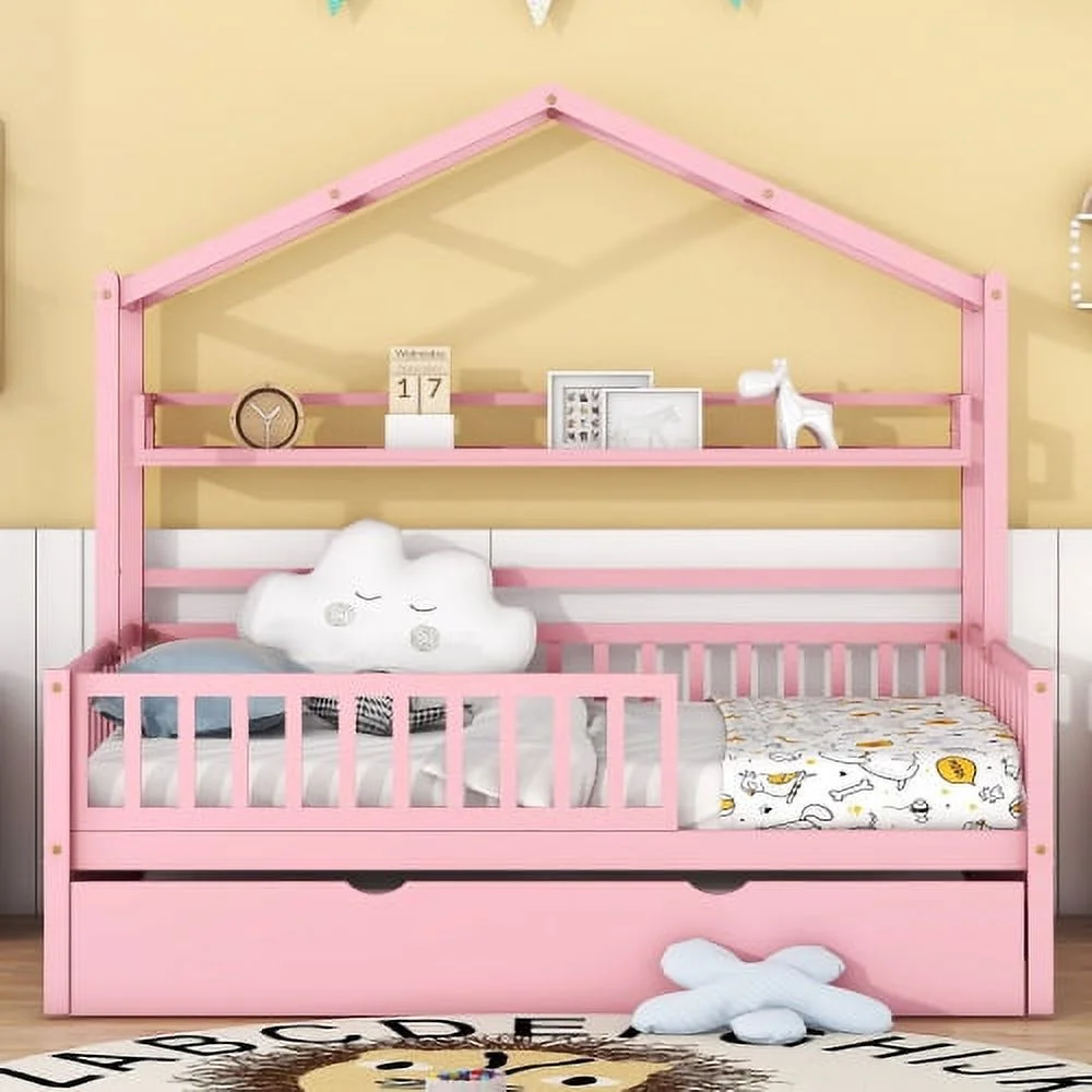 Wooden Full Size House Bed with Twin Size Trundle,Kids Bed with Shelf, Pink