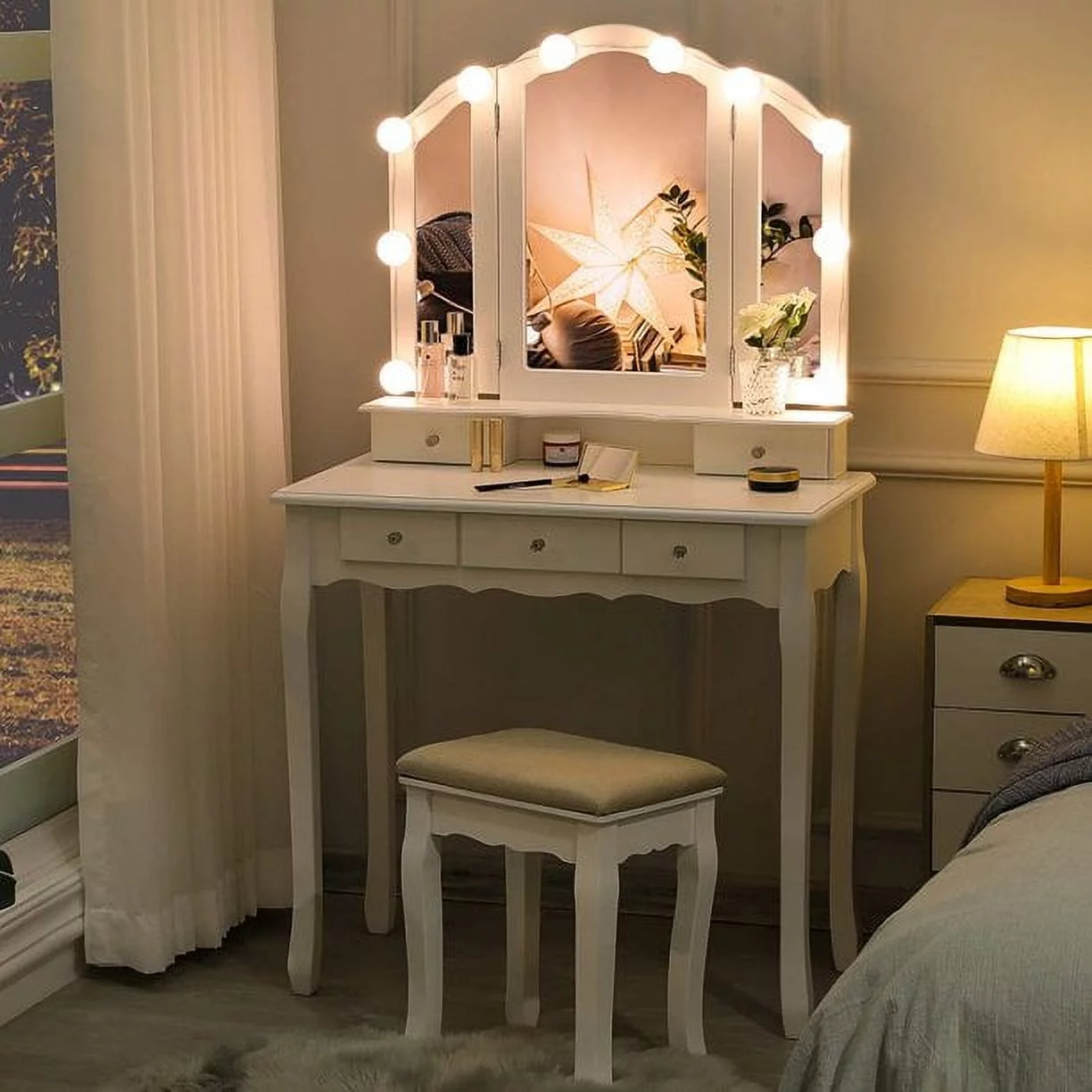 Afuhokles Vanity Table Set with Lighted Tri-Fold Mirror and Stool, Makeup Vanity Dressing Desk 5 Drawers, White