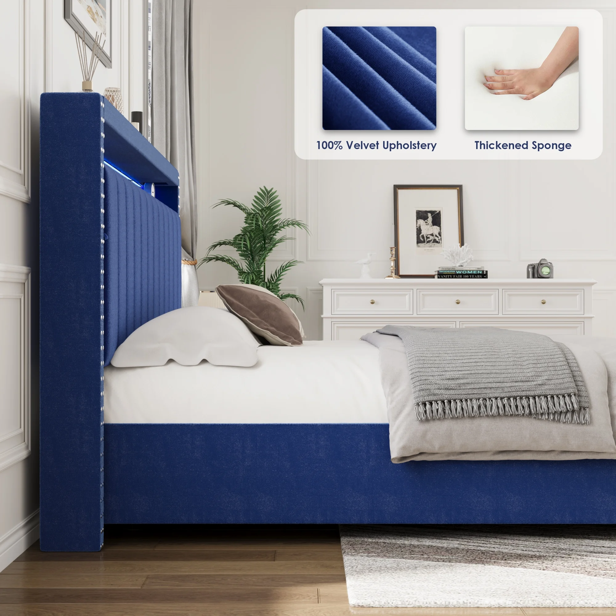 CoSoTower Luxury Gas Lift Storage Bed with Rf LED Lights, Storage Headboard ,Full Size ,Velvet Blue