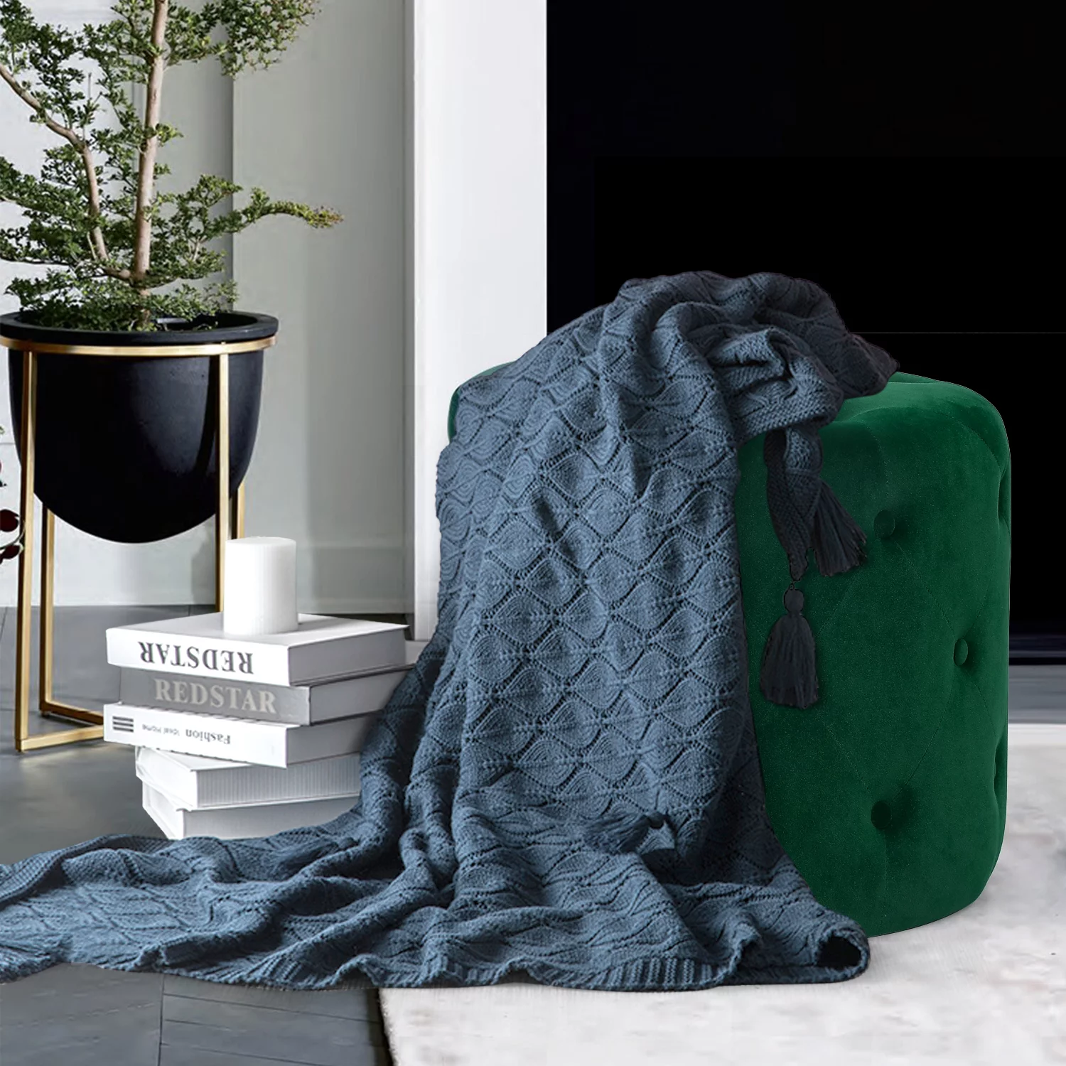 Homebeez Round Velvet Ottoman,Cushion Padded Seat, Footrest Stool for Entryway Bedroom Living Room