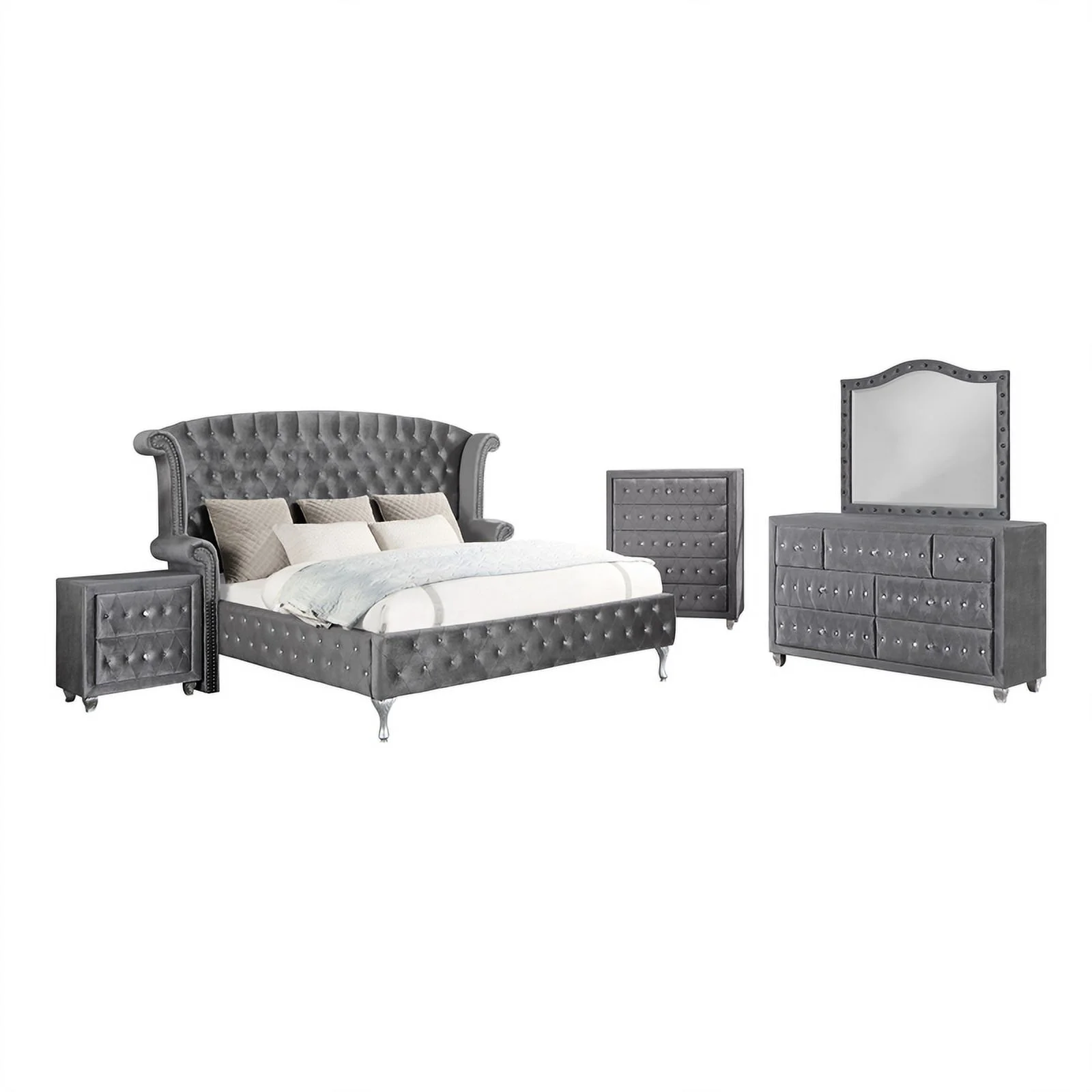 Pemberly Row 5-piece Queen Velvet Upholstered Tufted Bedroom Set in Gray