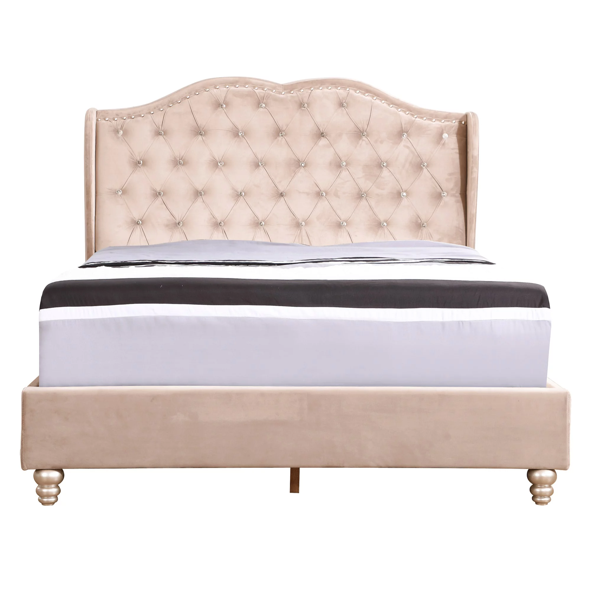 Passion Furniture  Joy Jewel Tufted Panel Bed, Beige - Full Size