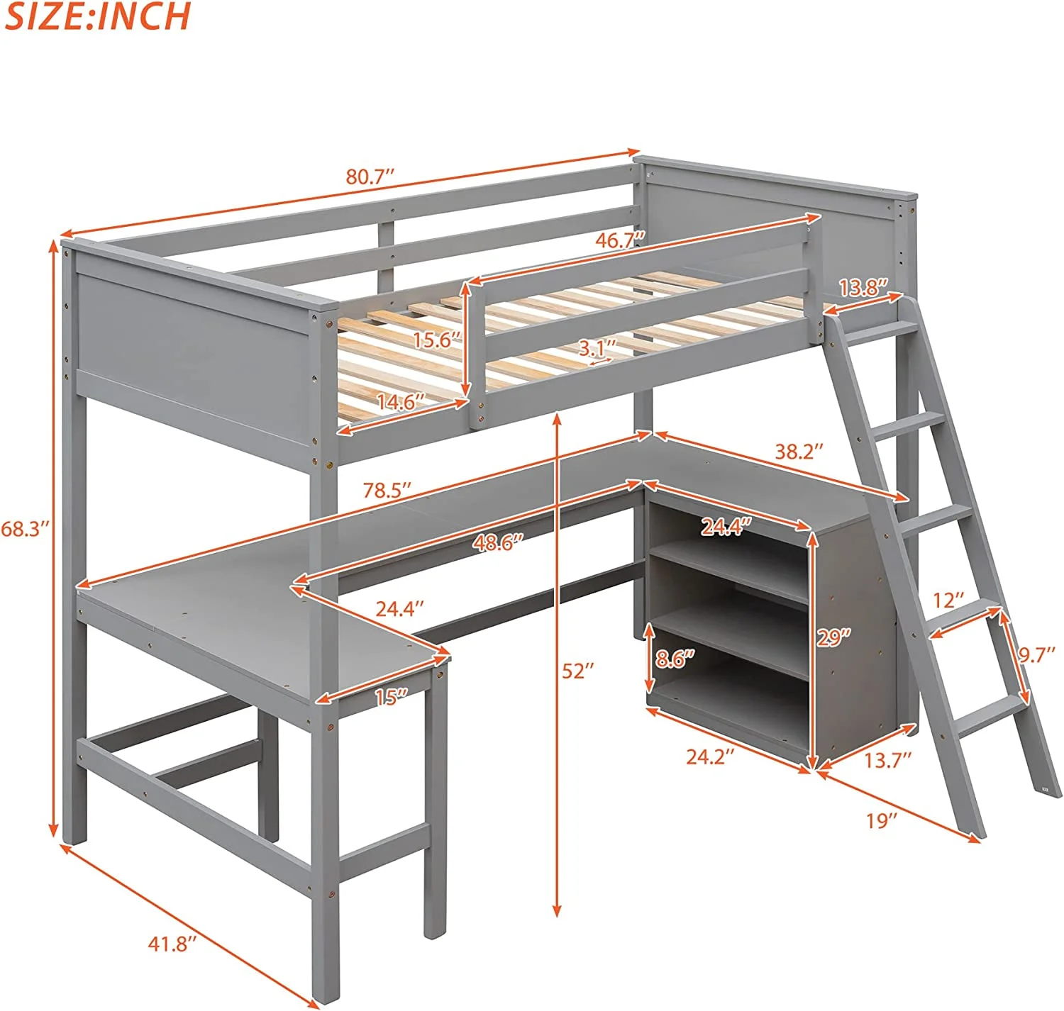 Size Loft Bed With Shelves And Desk,Multifunctional Wooden Loft Bed Frame With Ladder For Kids And Adults, Bedroom, Dorm, No Box Spring Required(Grey)