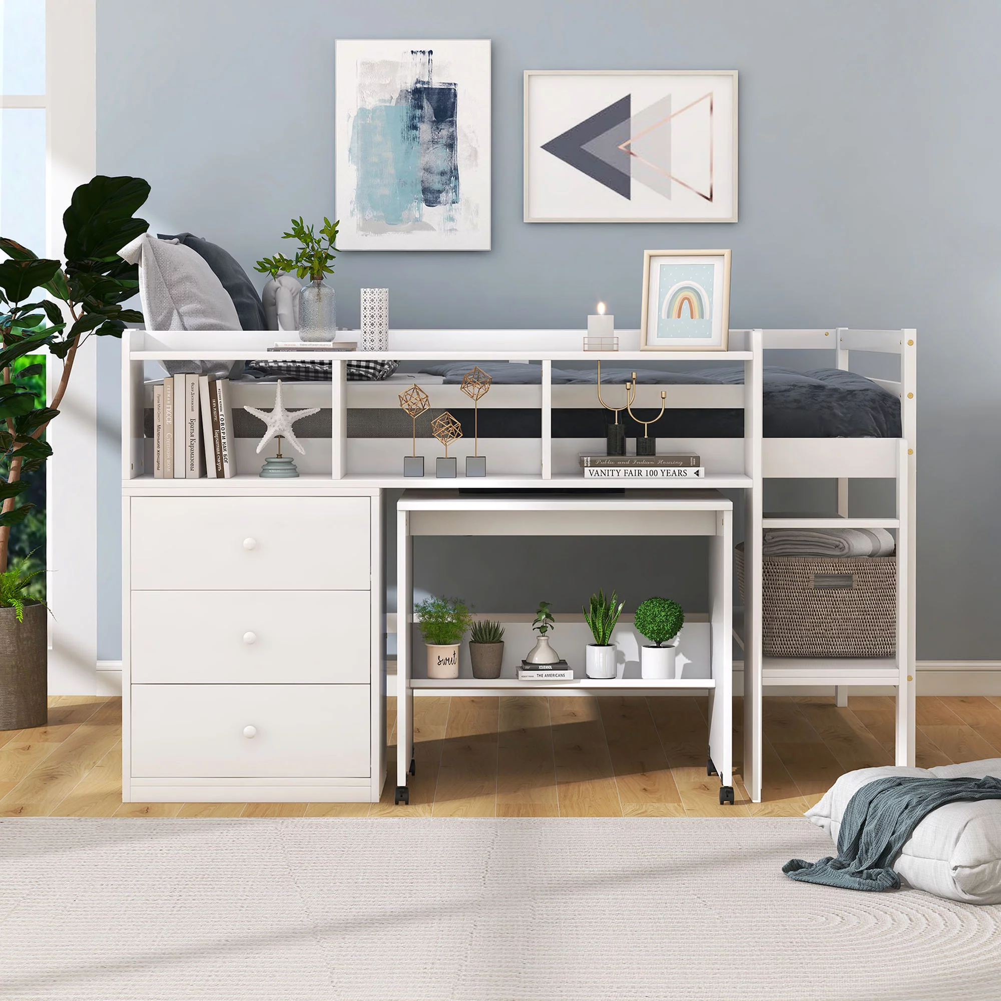 Bellemave Wood Full Size Low Loft Bed Frame with 3 Storage Drawers, Shelves, Rolling Portable Desk for Kids, Teens, Adults (White)