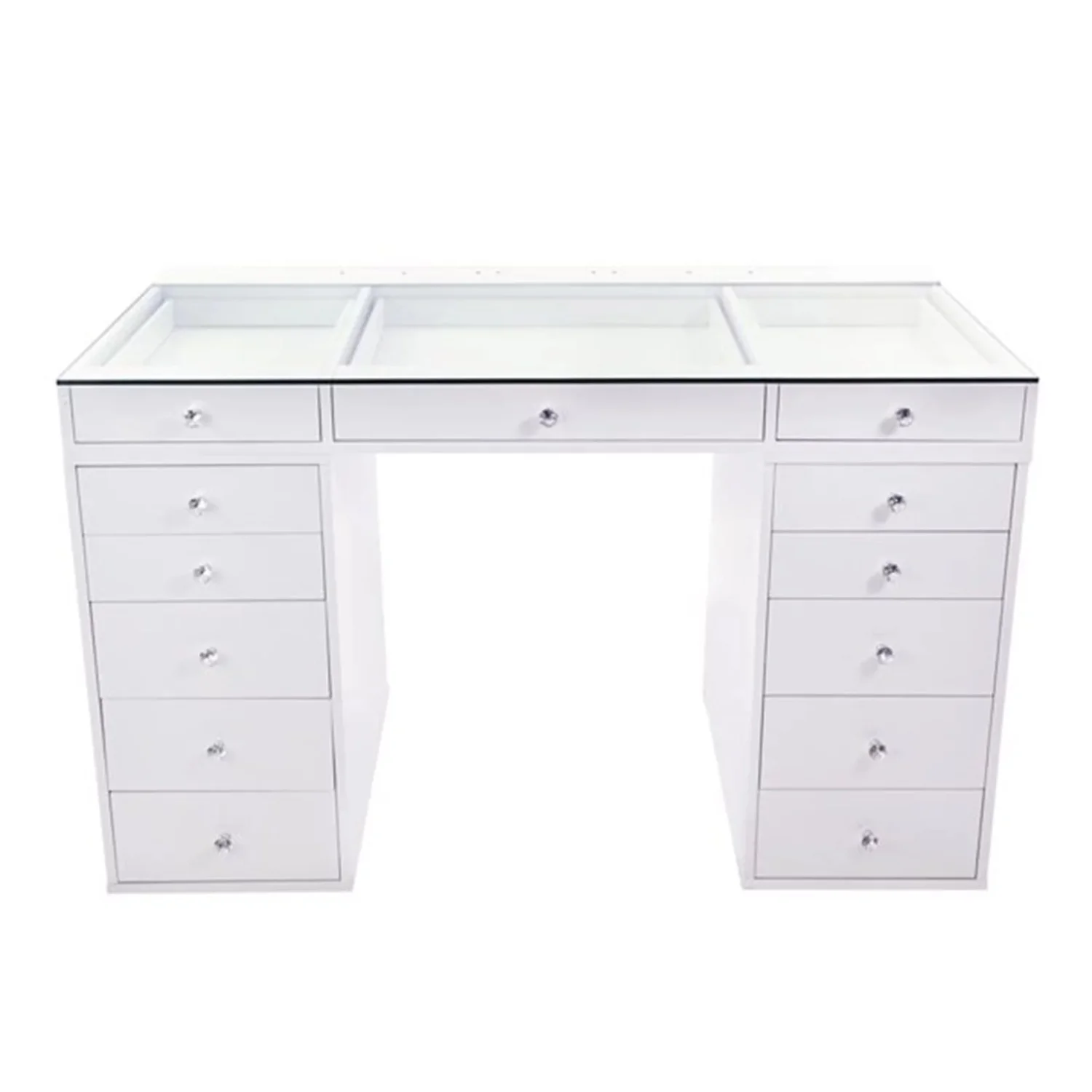 Impressions Vanity Slaystation Plus 2.0 Desk with Drawers for Makeup Station, Tabletop Vanity Mirror Desks with Crystal Lux Knobs (Bright White)