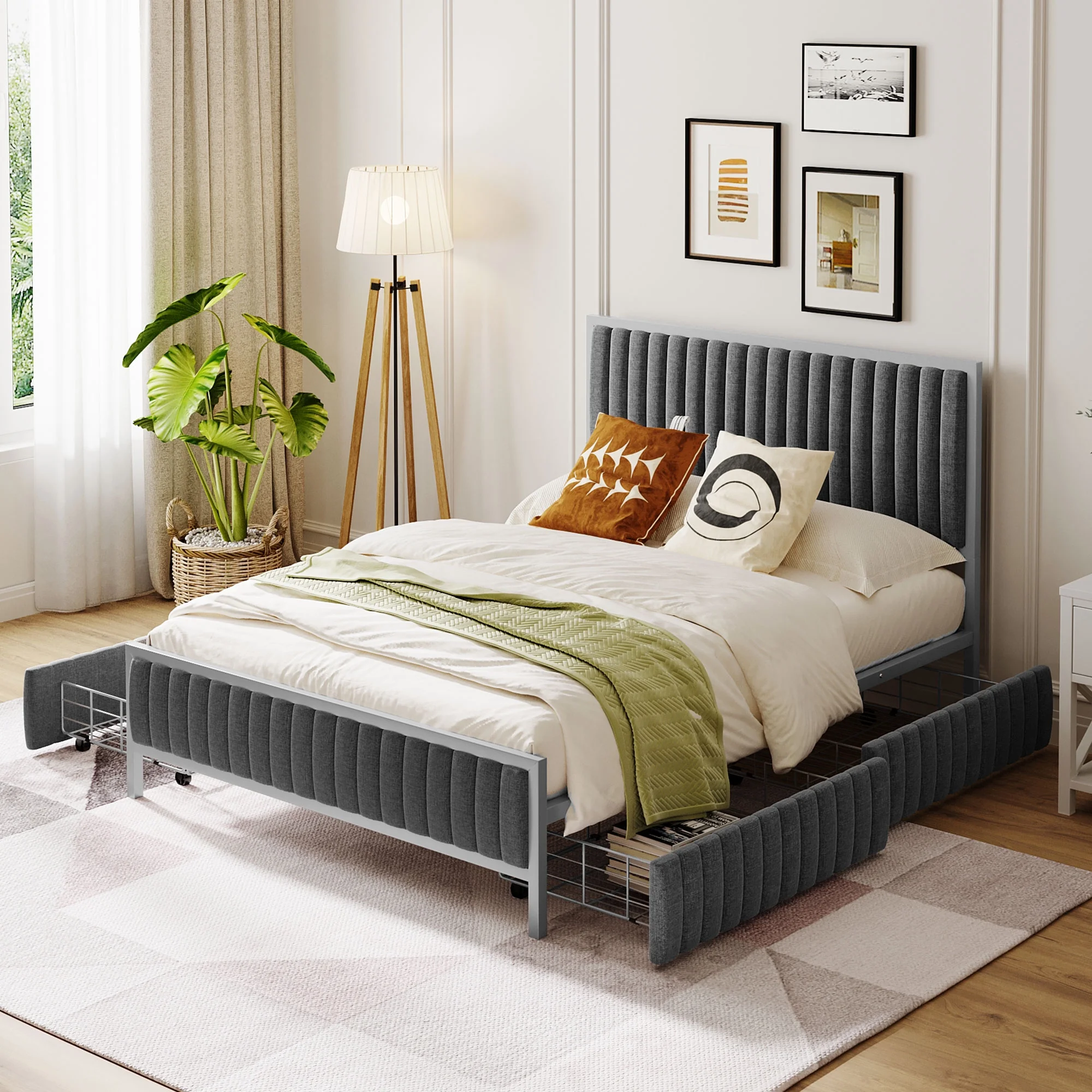 CoSoTower Full Size Metal Frame Upholstered Bed with 4 Drawers, Linen Fabric, Gray