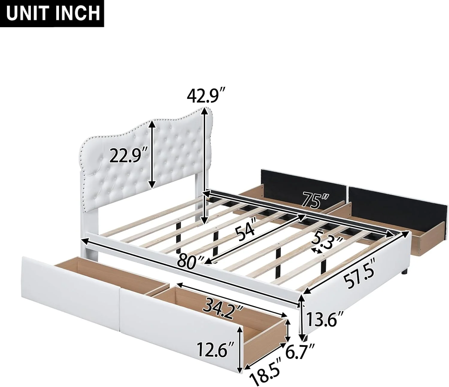 PU Leather Upholstered Platform Bed, Full Size Storage Platform Bed with 4 Drawers, Modern Style Wood Bed Frame with Button Upholstered Headboard for Kids Teens, No Box Spring Needed