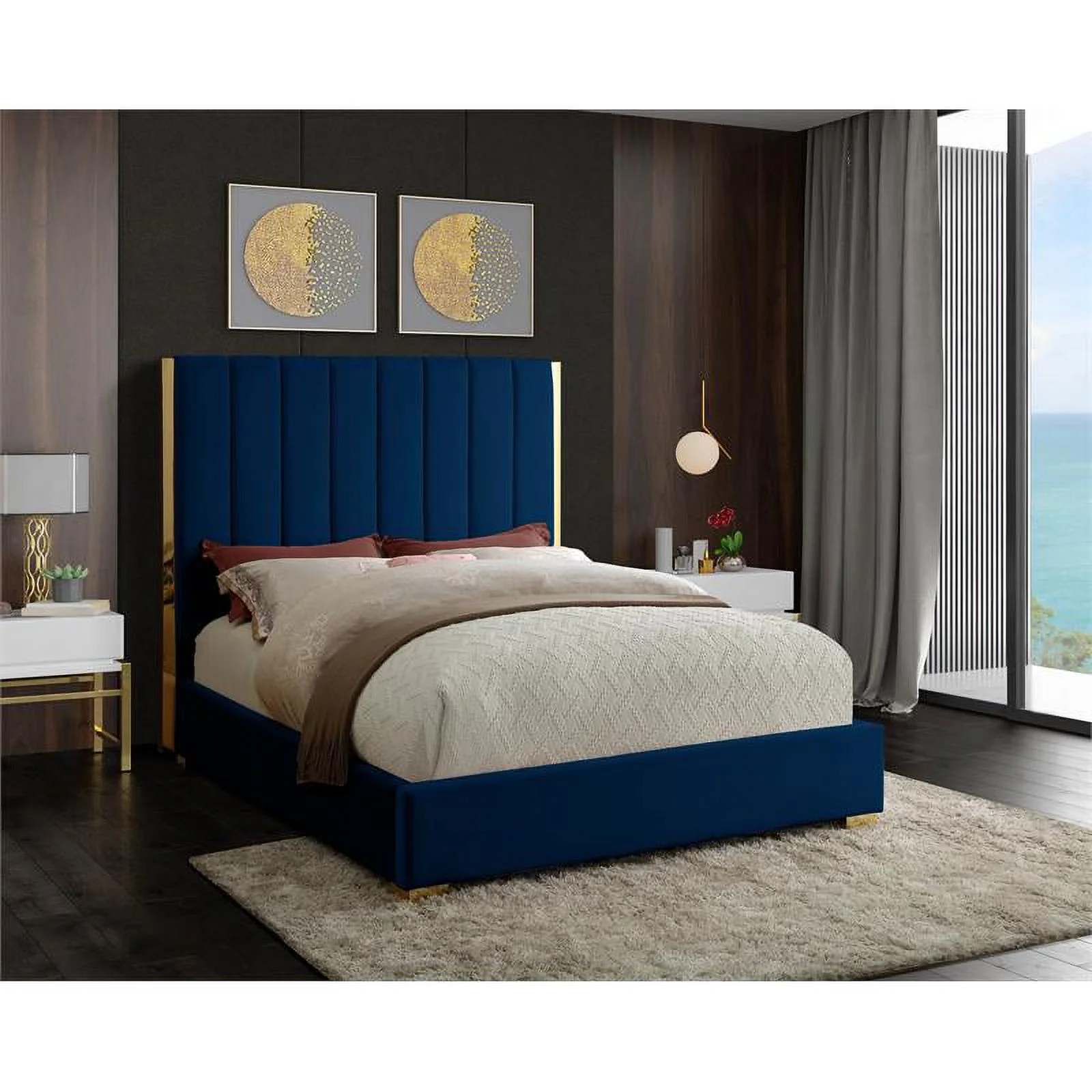 Meridian Furniture Becca Metal and Velvet King Bed in Navy