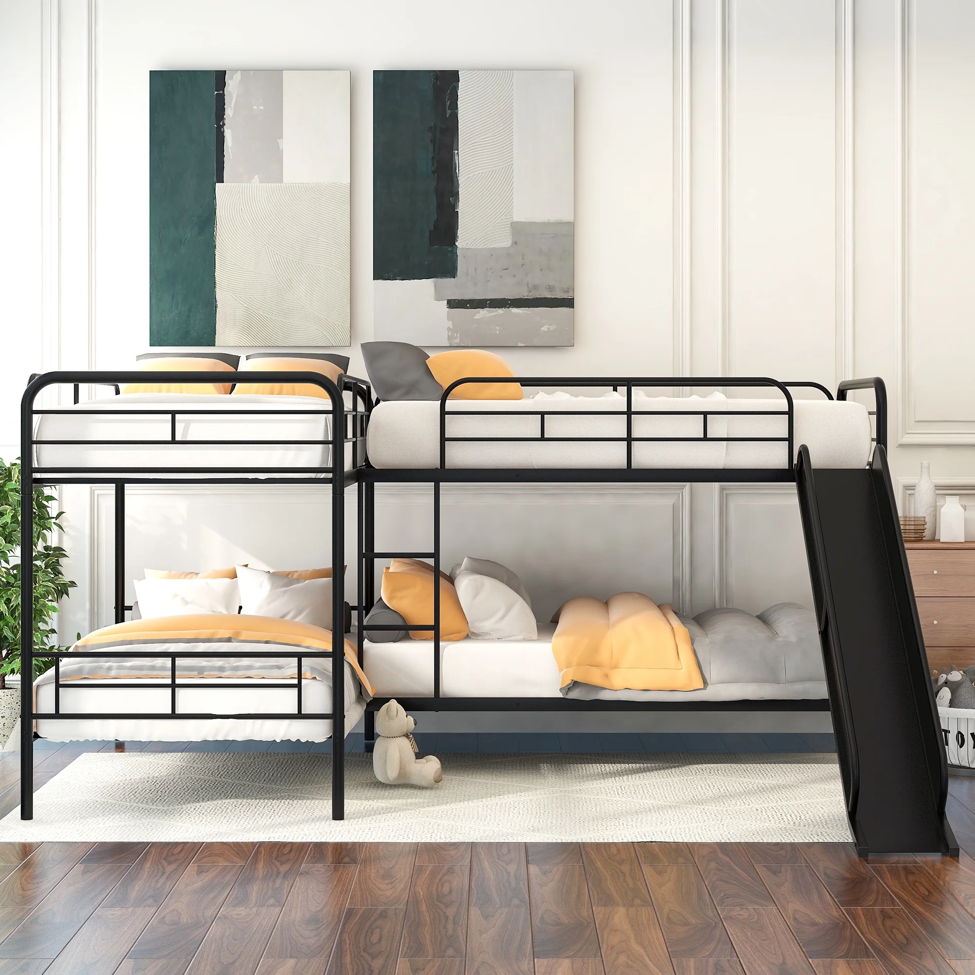 Euroco Modern Metal Twin L-Shaped Quadruple Bunk Bed for Kids Bedroom, 4-in-1 Beds with Slide, 4 Twin Beds, Black