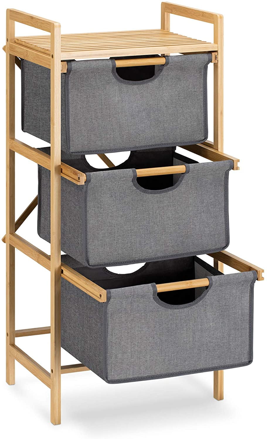 Basket Storage Drawers Unit - 3-Tier Bathroom Dresser Tower Organizer with Bamboo Frame and Pull-Out Fabric Baskets - 37.8