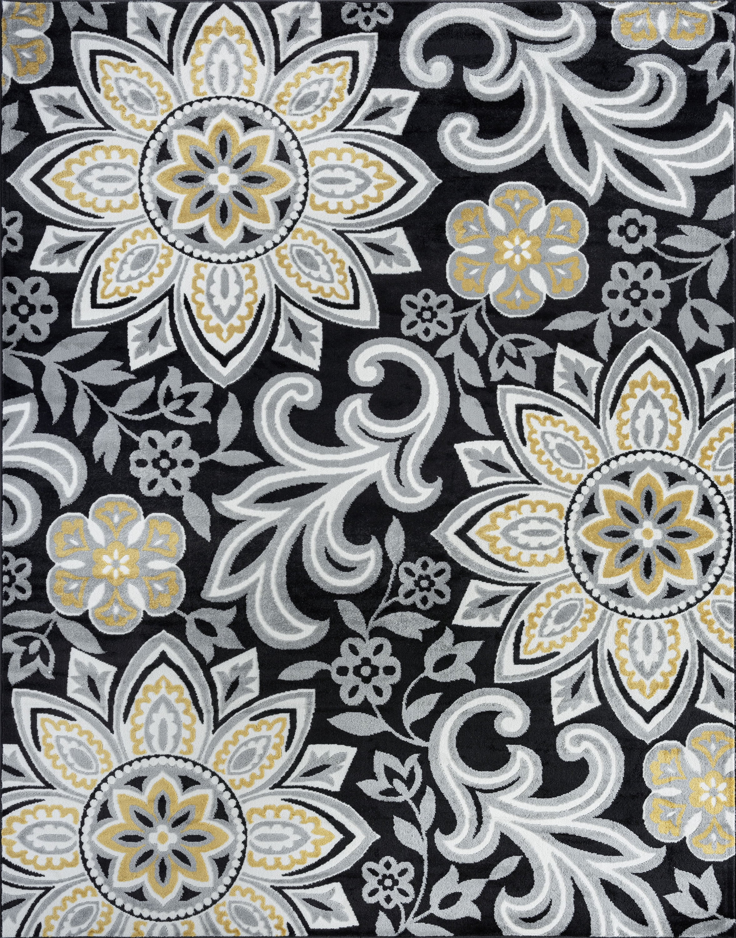 Transitional 5x8 Area Rug (5'3'' x 7'3'') Floral Yellow, Charcoal Living Room Easy to Clean