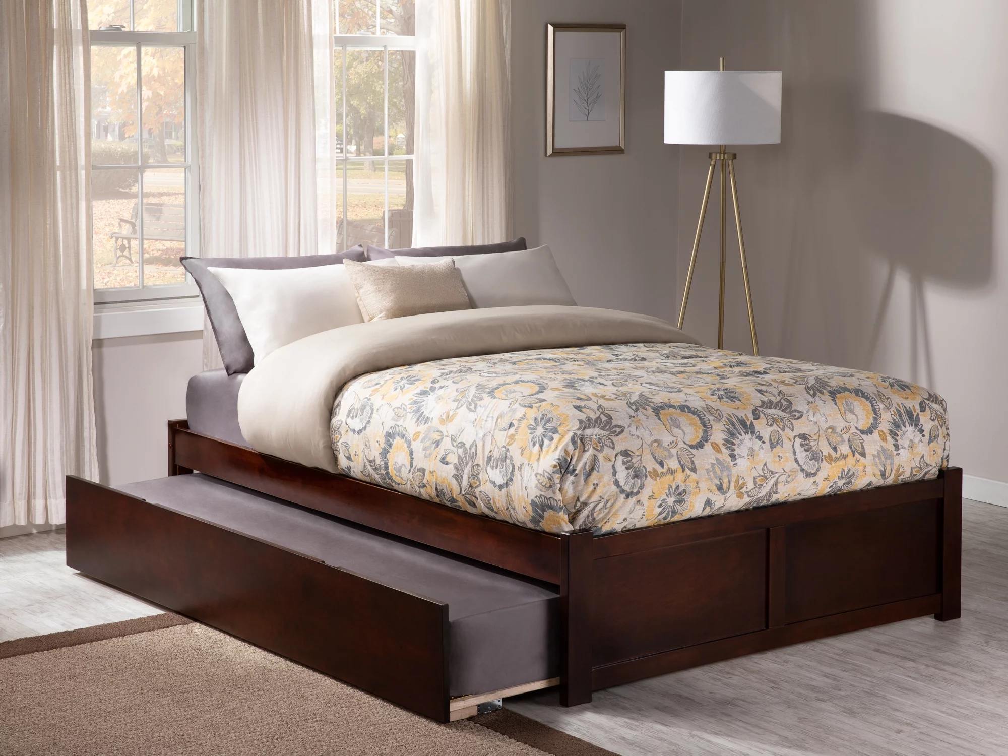 AFI Concord Full Solid Wood Platform Bed with Footboard & Twin Trundle in Walnut