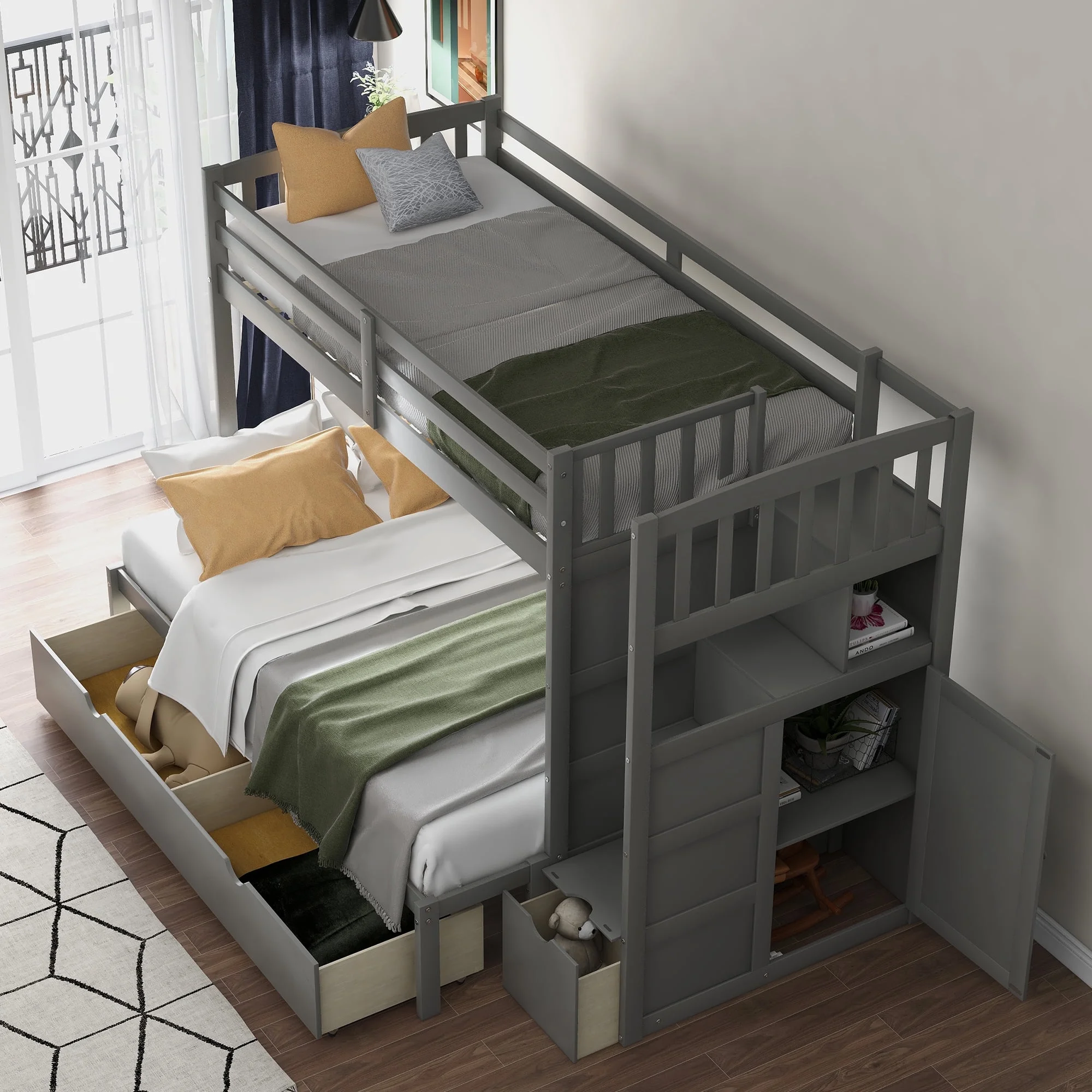 Dcenta Twin over Full/Twin Bunk Bed, Convertible Bottom Bed, Storage Shelves and Drawers, Gray