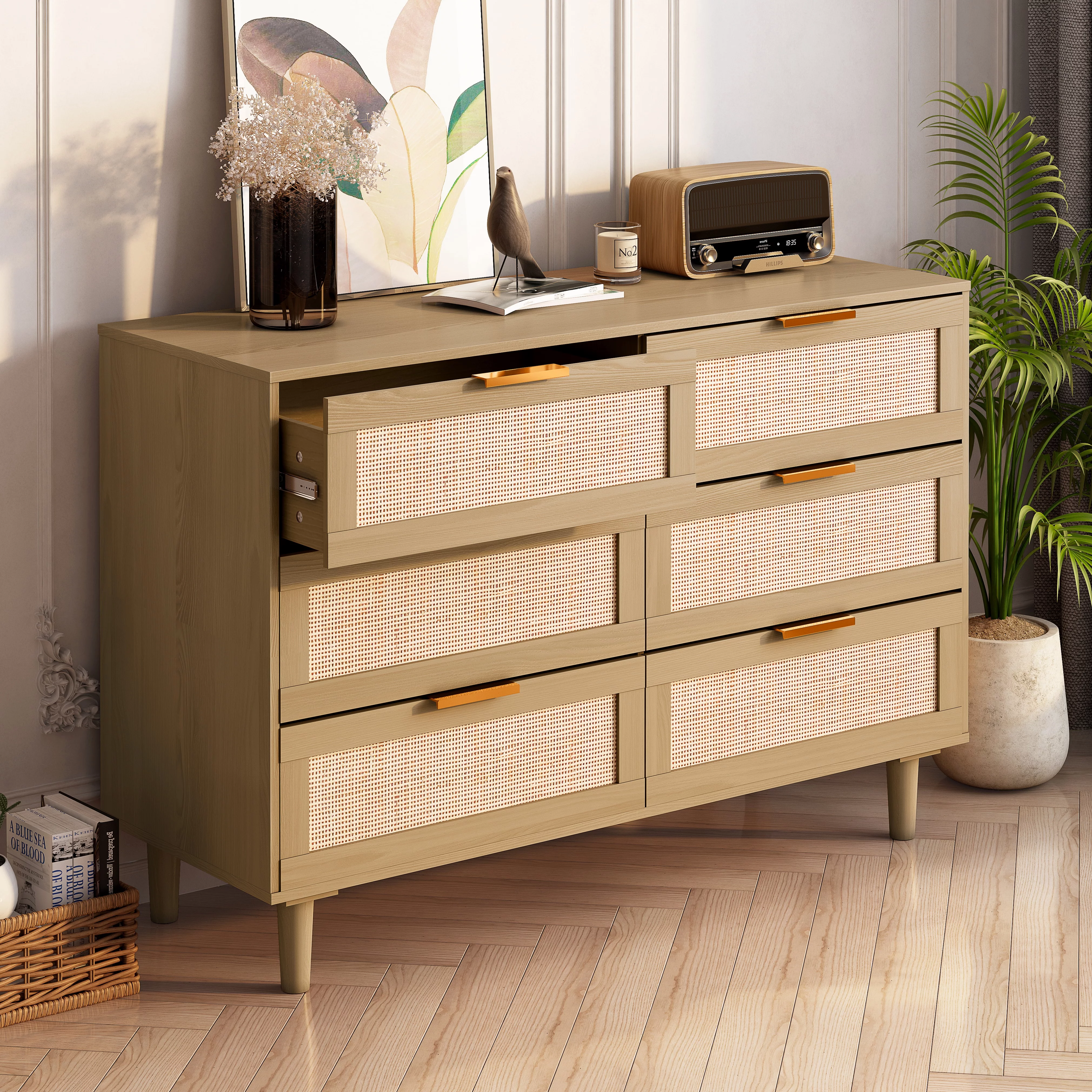 6 drawers Rattan dresser, Rattan Boho Drawer for Bedroom, Living Room, Oak