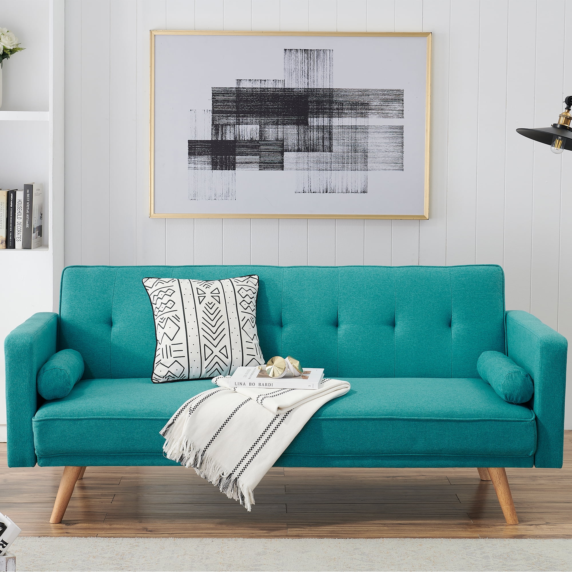 Docooler Retro Blue Double Corner Folding Sofa Bed, Two Throw Pillows, Large Size, Ideal for Living Rooms