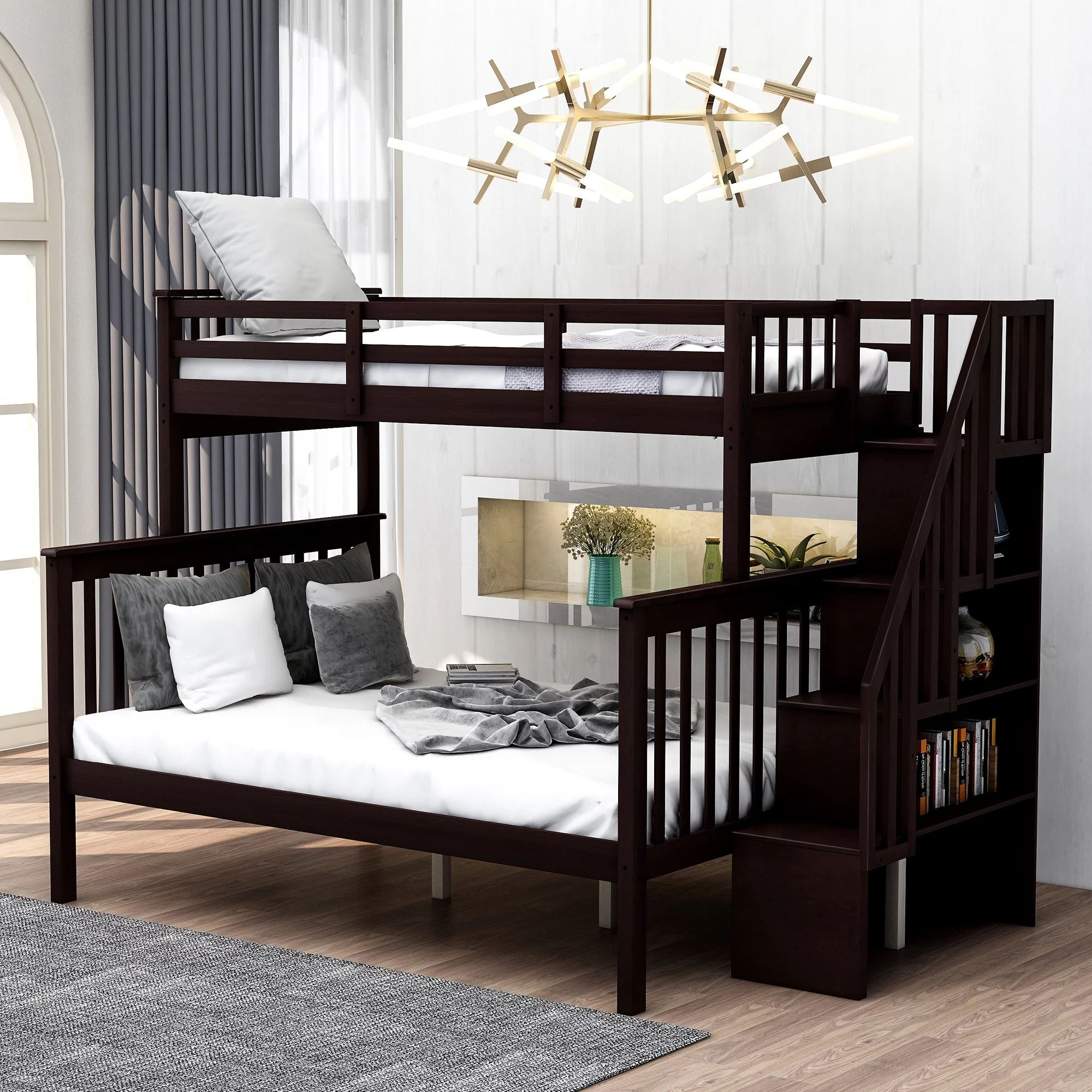 Adrinfly Stairway Twin-Over-Full Bunk Bed with Storage and Guard Rail for Bedroom, Espresso color(OLD SKU :LP000019AAP)