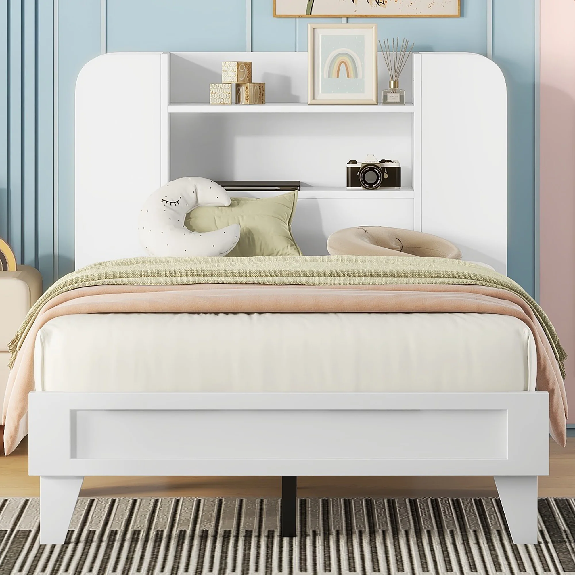 CoSoTower Twin Size Platform Bed with Storage Headboard,Multiple Storage Shelves On Both Sides,White