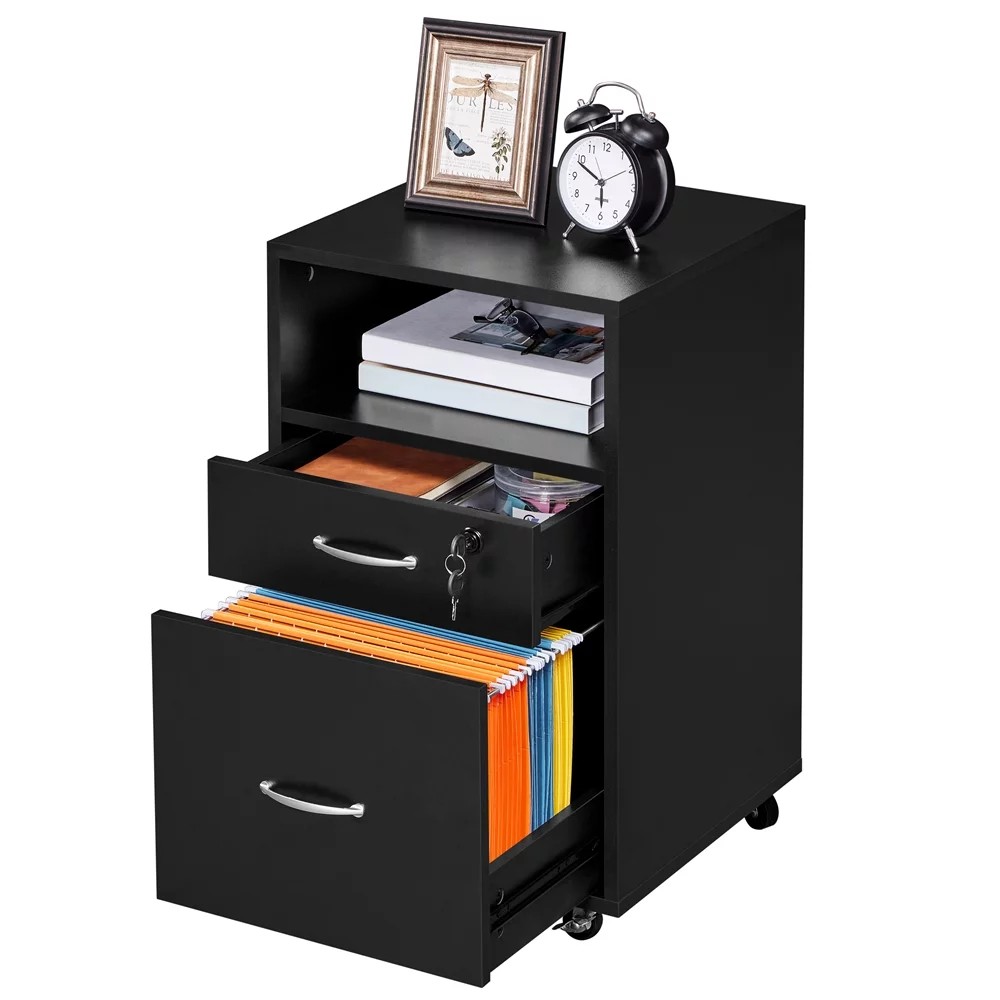 Topeakmart 2-Drawer Wooden Vintage File Cabinet with Wheels for Home and Office, Black
