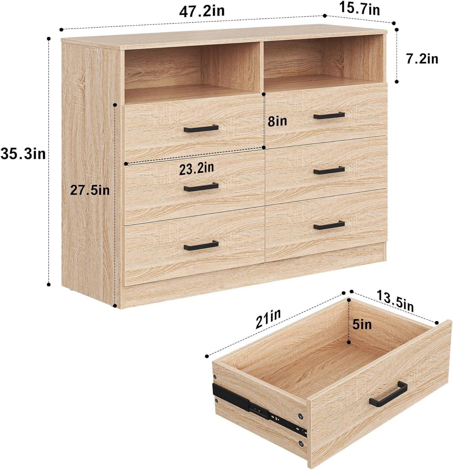 RUNFAYBIU Wood Dresser for Bedroom 6 Drawer Dresser with Open Cubby Double Chest of Drawers for Living Room Entryway Light Oak