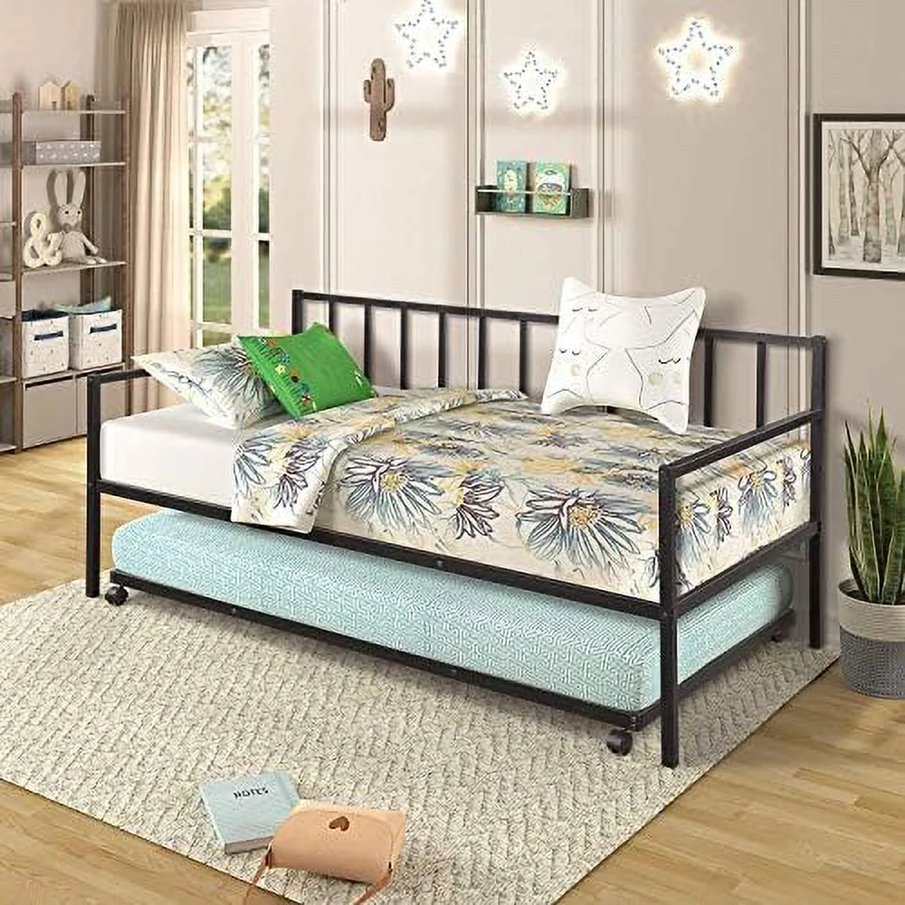 RUNFAYBIU Twin Daybed with Trundle Metal Daybed Frame for Living Room Guest Room,Black