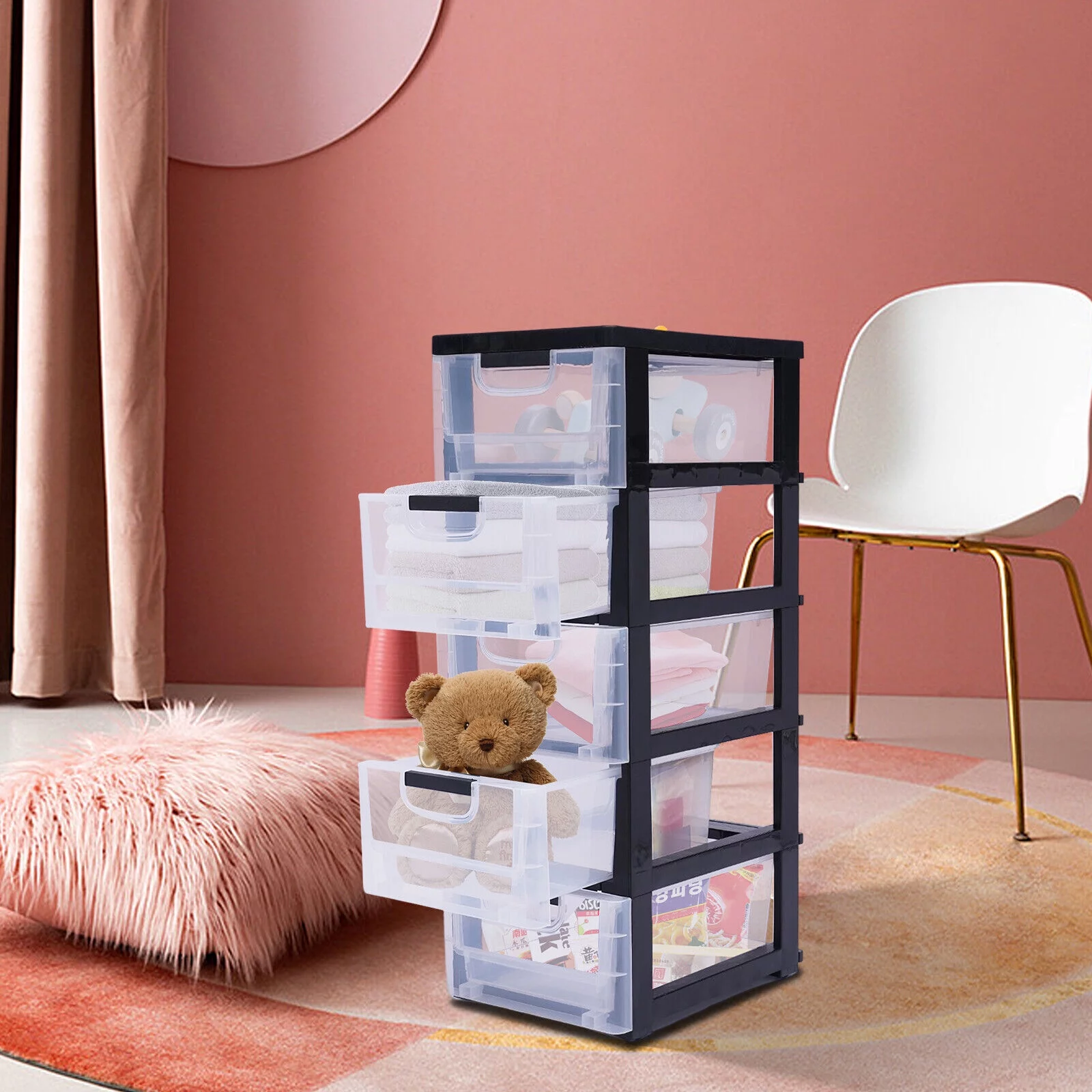 Oukaning Large Storage Cabinet Stackable Transparent Dress Organizer 5 Drawers PP Plastic(Transparent)
