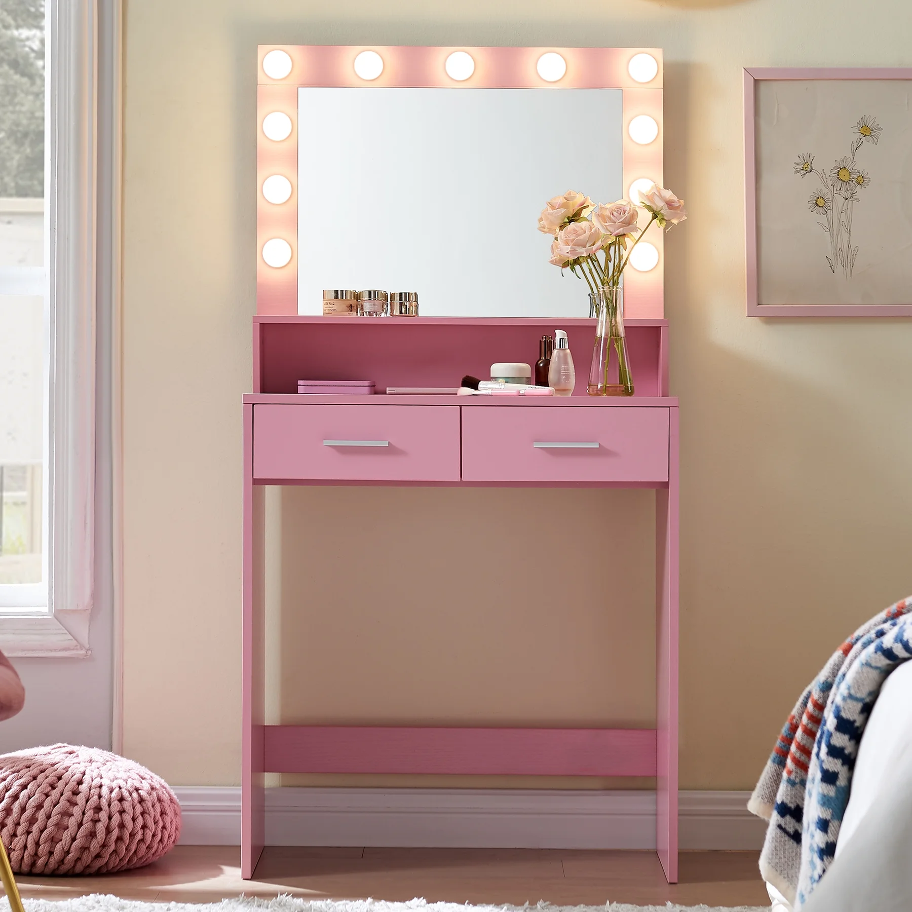 MIRROTOWEL Vanity Desk, Dressing Table with Large Drawer, 3 Level Storage & 3 Lighting Modes (Pink)