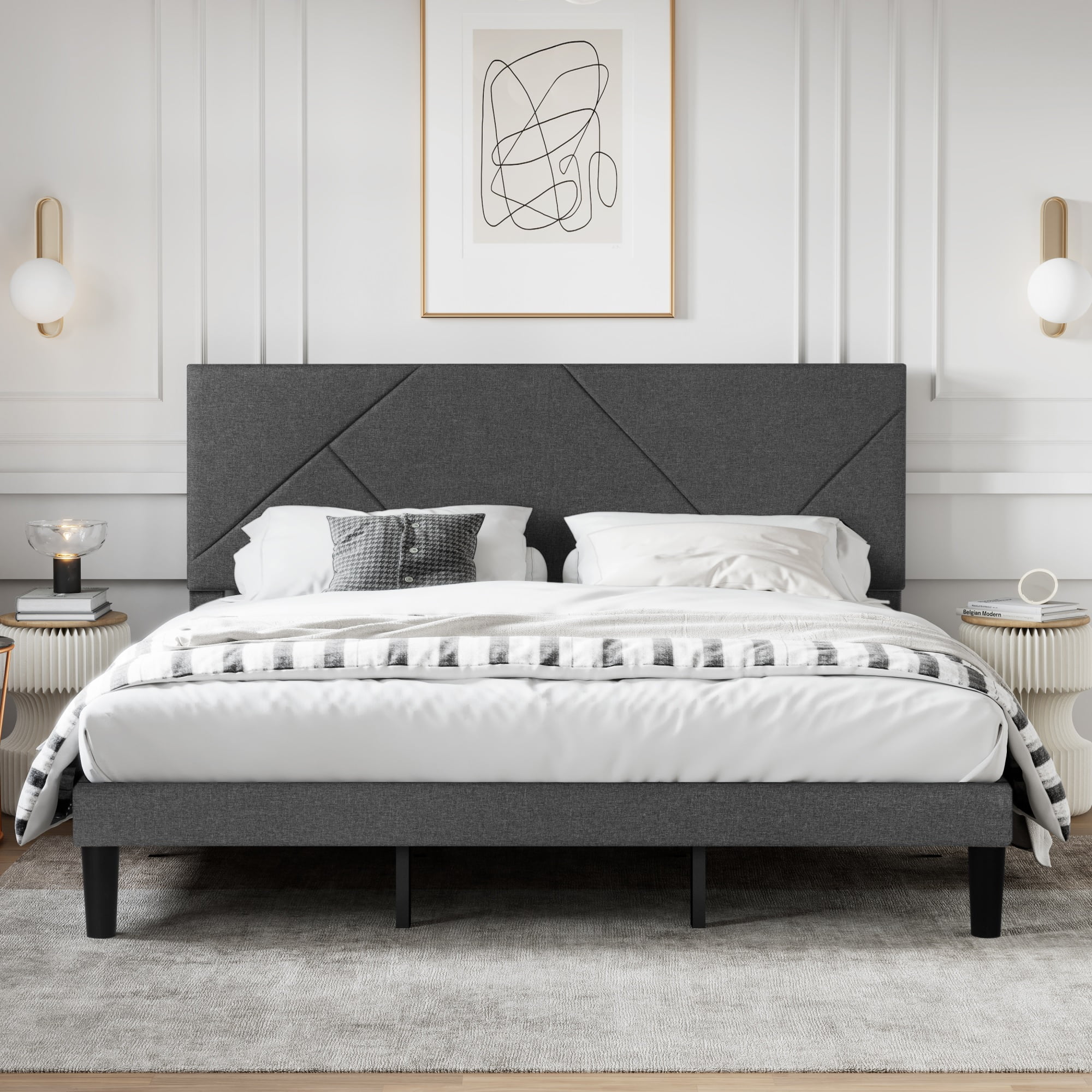 Sha Cerlin Grey King Bed Frame with Upholstered Headboard and Underbed Space, Adult