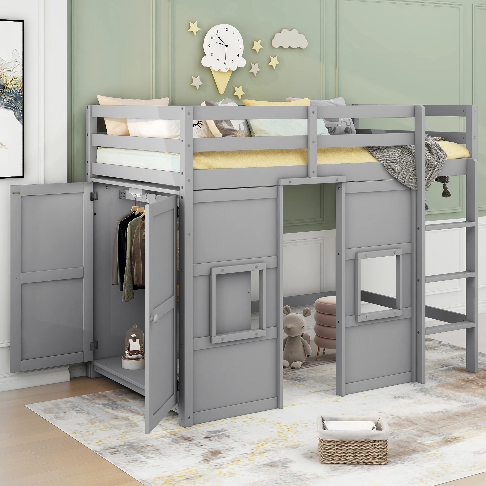 Churanty Twin Size Loft Bed with Wardrobe and Large Under-Bed Space, Solid Wood Loft Bed with Built-in Storage Cabinet & 2 Windows for Kids Teens Adults,Gray