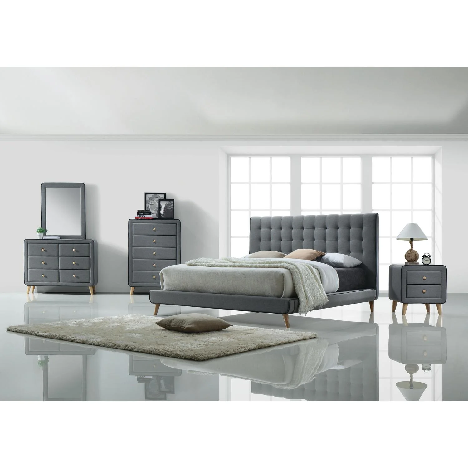 ACME Valda Upholstered Fabric Queen Platform Bed in Light Gray