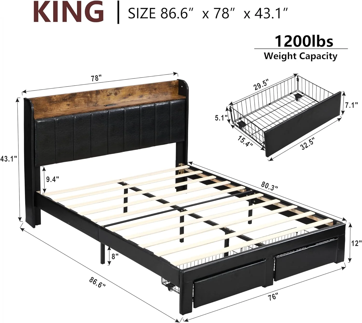 Upholstered Bed Frame King Size with Headboard, Platform King Bed Frame with Storage Drawers & Charging Station, No Box Spring Needed/Noise Free/Heavy Duty/Black