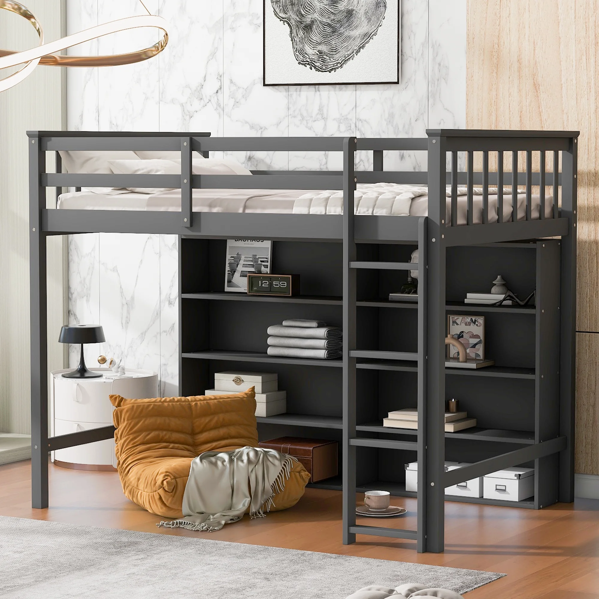 CoSoTower Twin Size Loft Bed with 8 Open Storage Shelves and Built-In Ladder, Gary