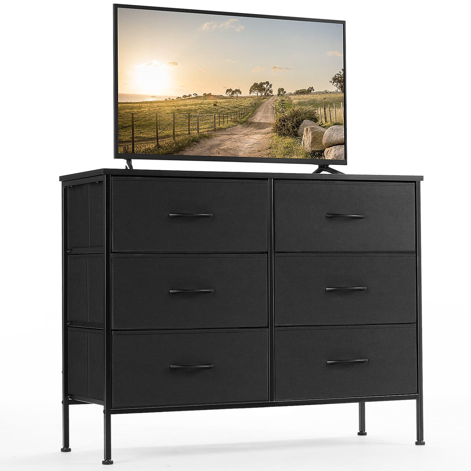 Tomile Dresser for Bedroom 6 Drawers Wide Fabric Storage Units Chest of Drawers for Bedroom with Metal Frame and Wooden Top for TV, Black