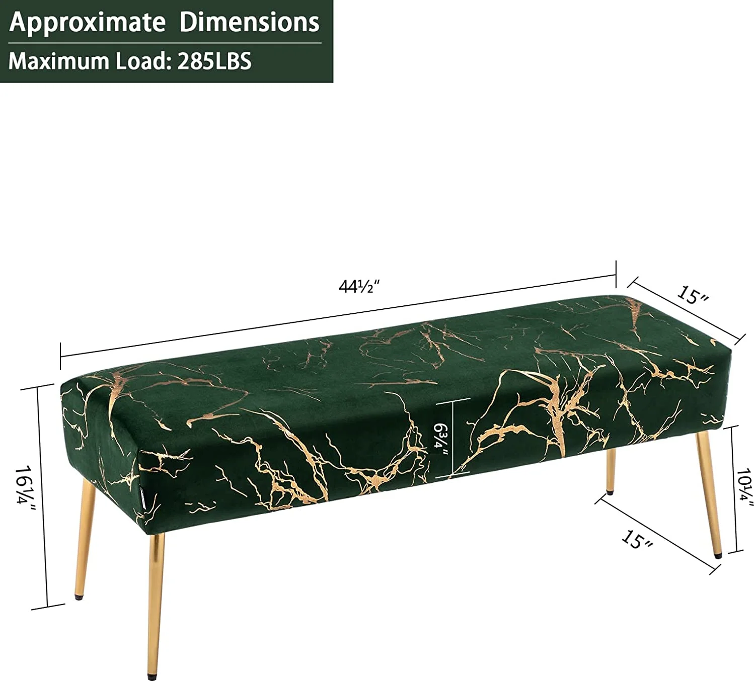Modern Gilding Velvet Bench Ottoman, Upholstered Bedroom Benches Footrest Stool，Dining Bench with Gold Metal Base for Entryway Dining Room Living Room Bedroom, DarkGreen