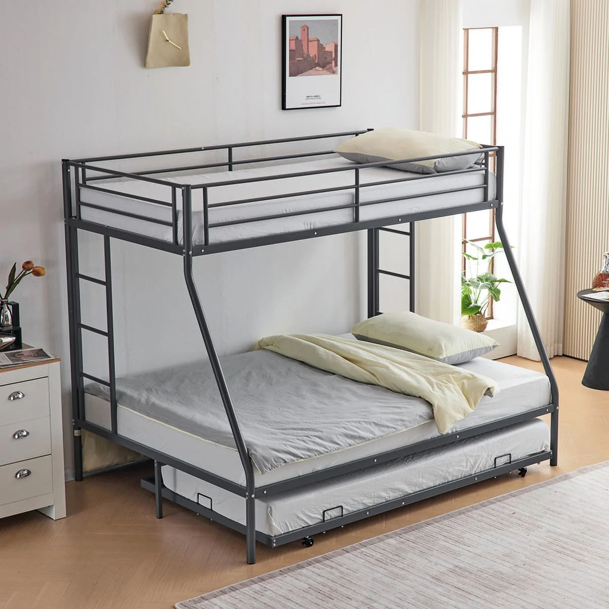 Fithood Twin Over Full Bunk Bed with Trundle, Triple Bunk Beds for Kids Teens Adults, Metal Bunk Bed with Two Side Ladder and Guardrails, Grey