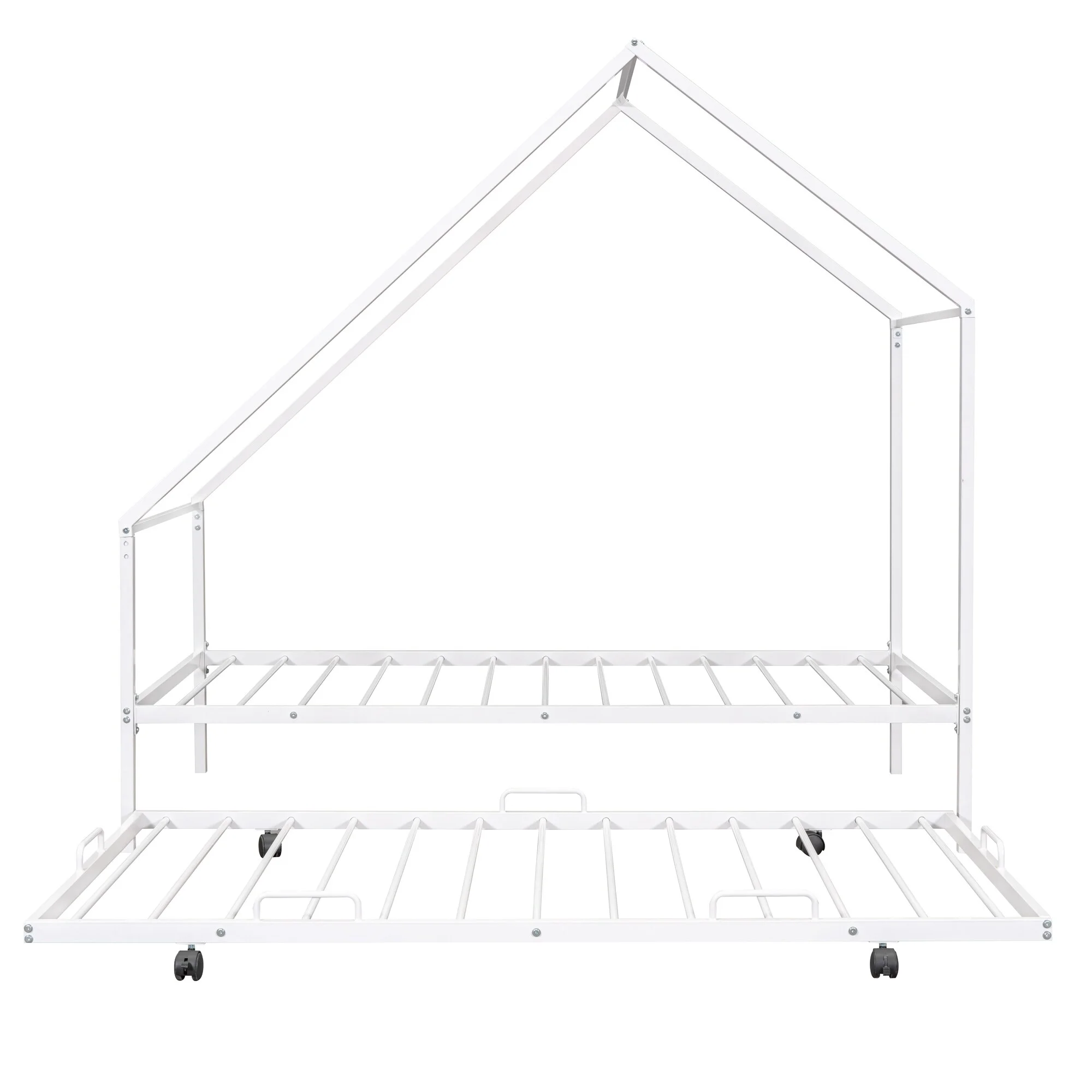 Nestfair  Twin Size Metal House Bed White-with Trundle