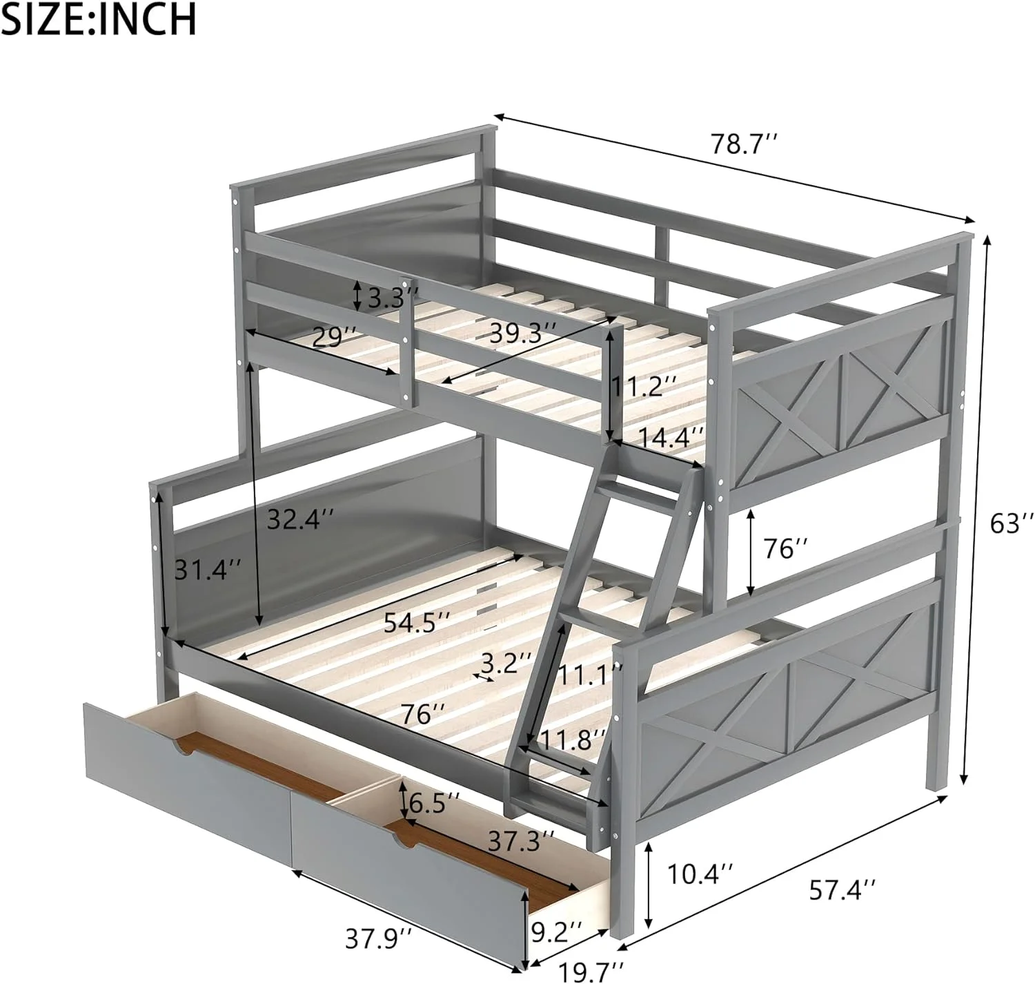Wooden Bunk Bed With Two Storage Drawers, Ladder And Safety Guardrail, Convertible Into 2 Separated Beds, Grey