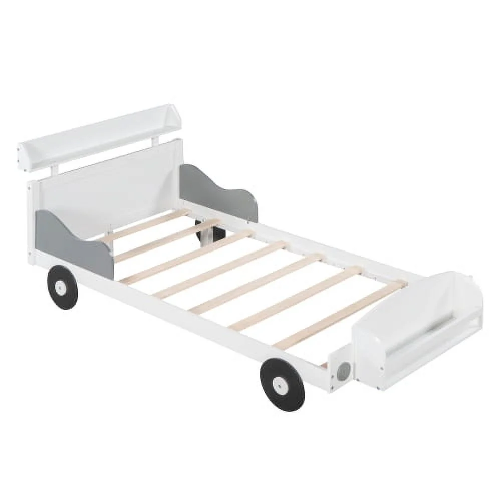 Motent Twin Size Classic Car-Shaped Platform Bed with Wheels,Twin Bed with Storage Shelf for Bedroom, White