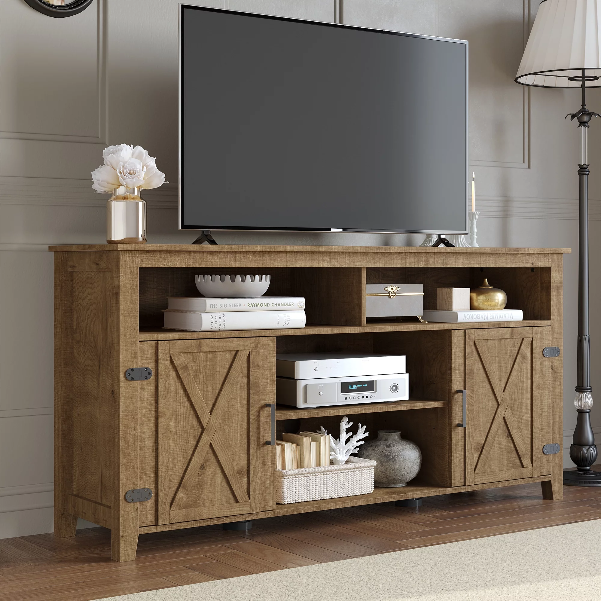 Dextrus Farmhouse TV Stand for 65 Inch TV, Barn Door Entertainment Center, Rustic TV Media Console Storage Cabinet for Living Room, Brown