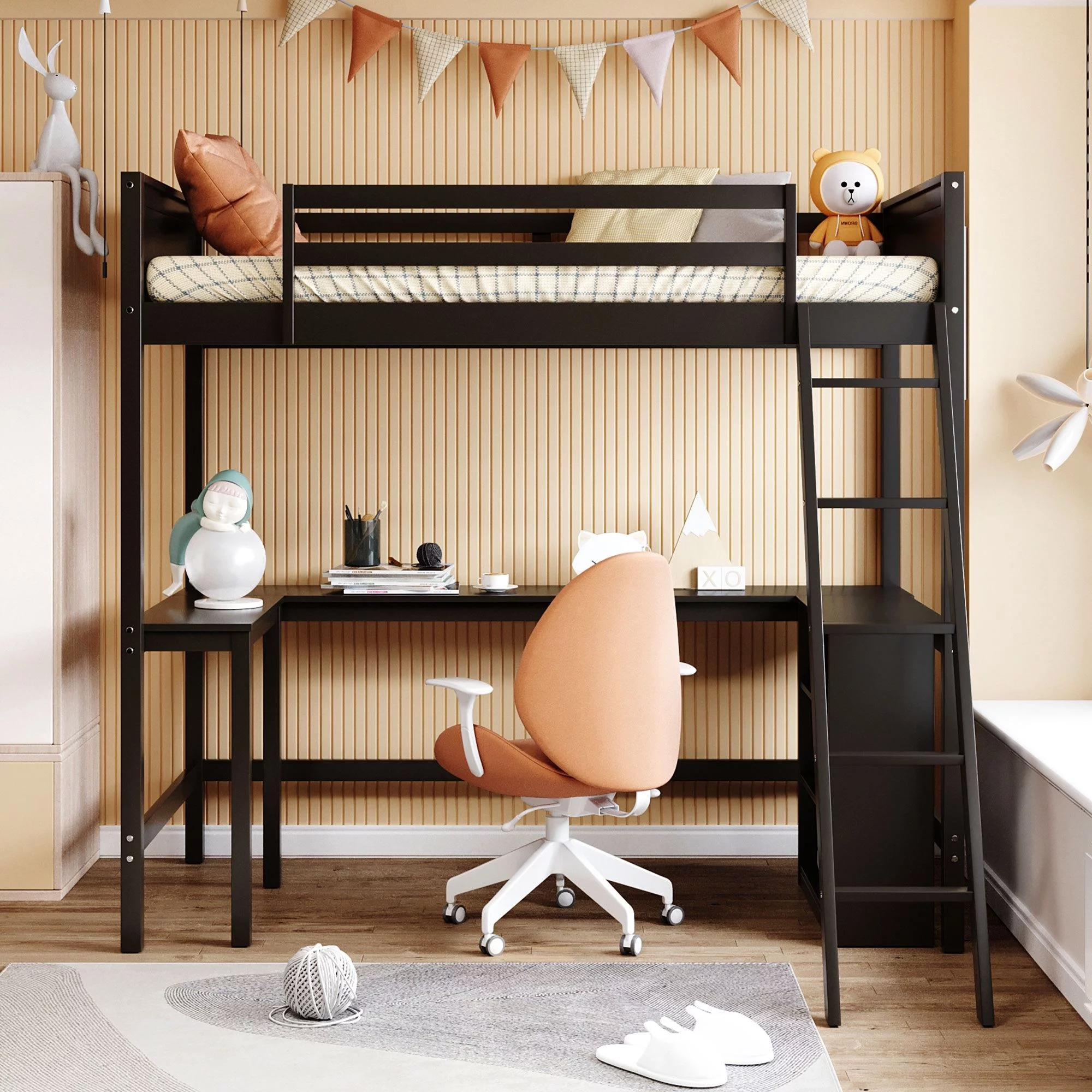 Pine Wood Twin Size Loft Bed with Shelves and Desk, Space-Saving Dorm Apartment Bedroom Loftbed Frame W/Guardrail, Ladder for Kids Adults Bedroom