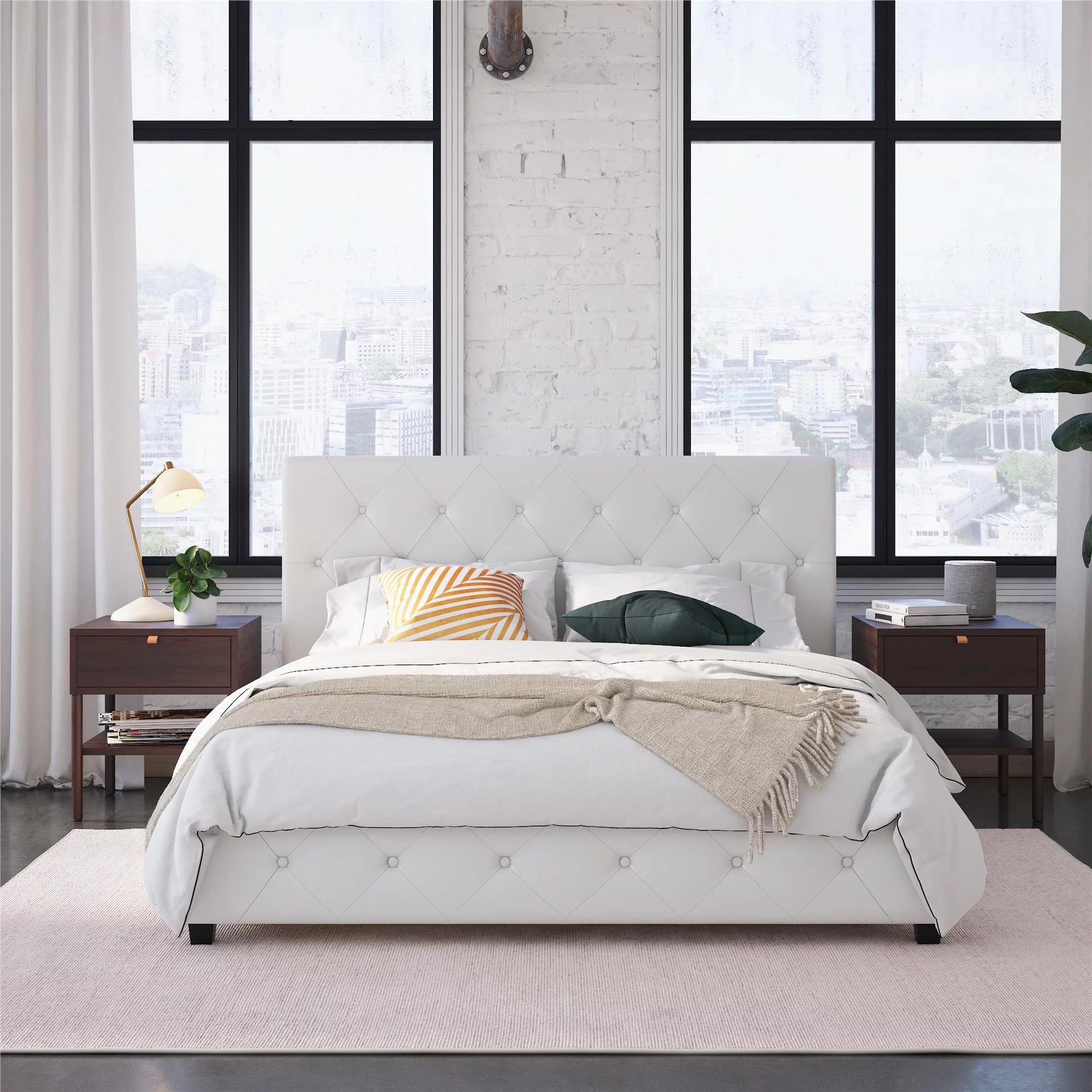 DHP Dakota Upholstered Platform Bed, Queen, White